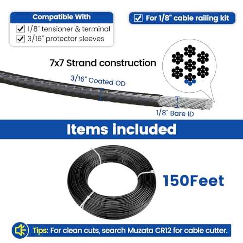 Muzata 1/8 Black Vinyl Coated Wire Rope WR17 150ft - Cheap Fitting