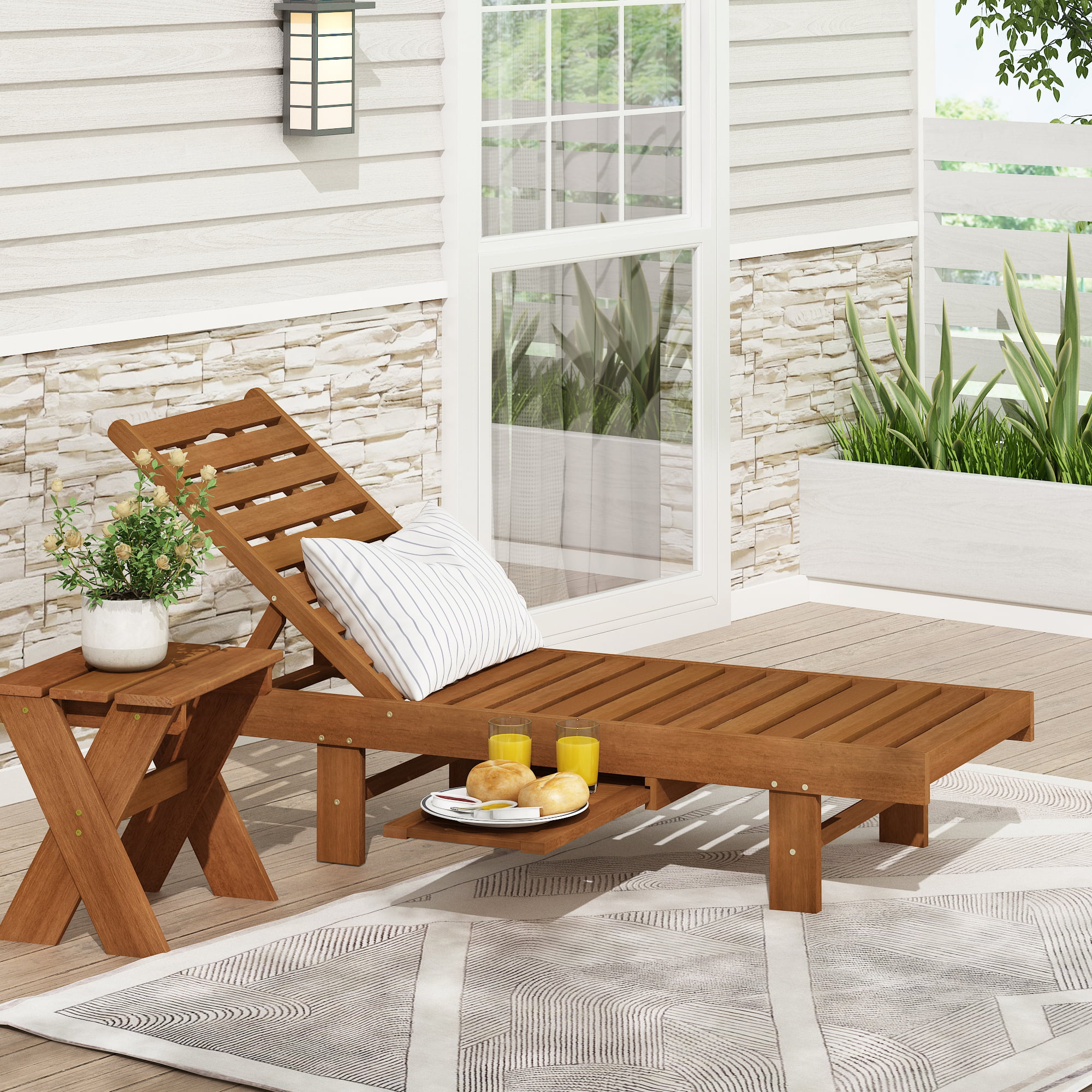 Furinno Tioman Outdoor Hardwood Malo Sun Lounger with Tray, Natural - Cheap Fitting