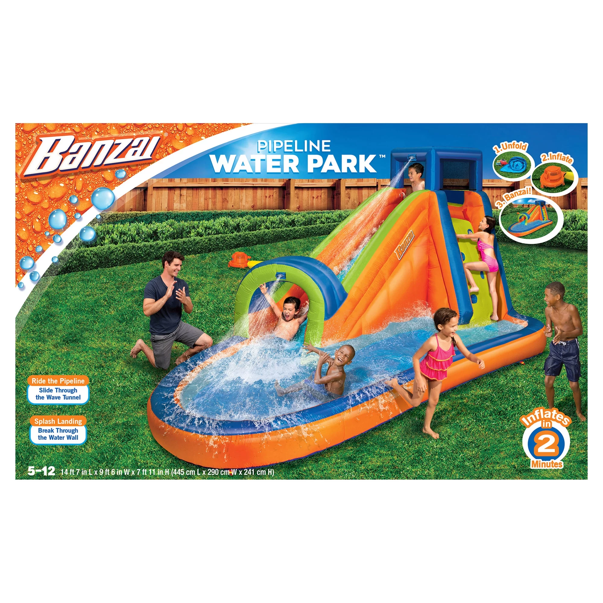 Banzai Pipeline Water Park Toy, Length: 14 ft 7 in, Width: 9 ft 6 in, Height: 7 ft 11 in, Inflatable Outdoor Backyard Water Slide Splash Toy - Cheap Fitting