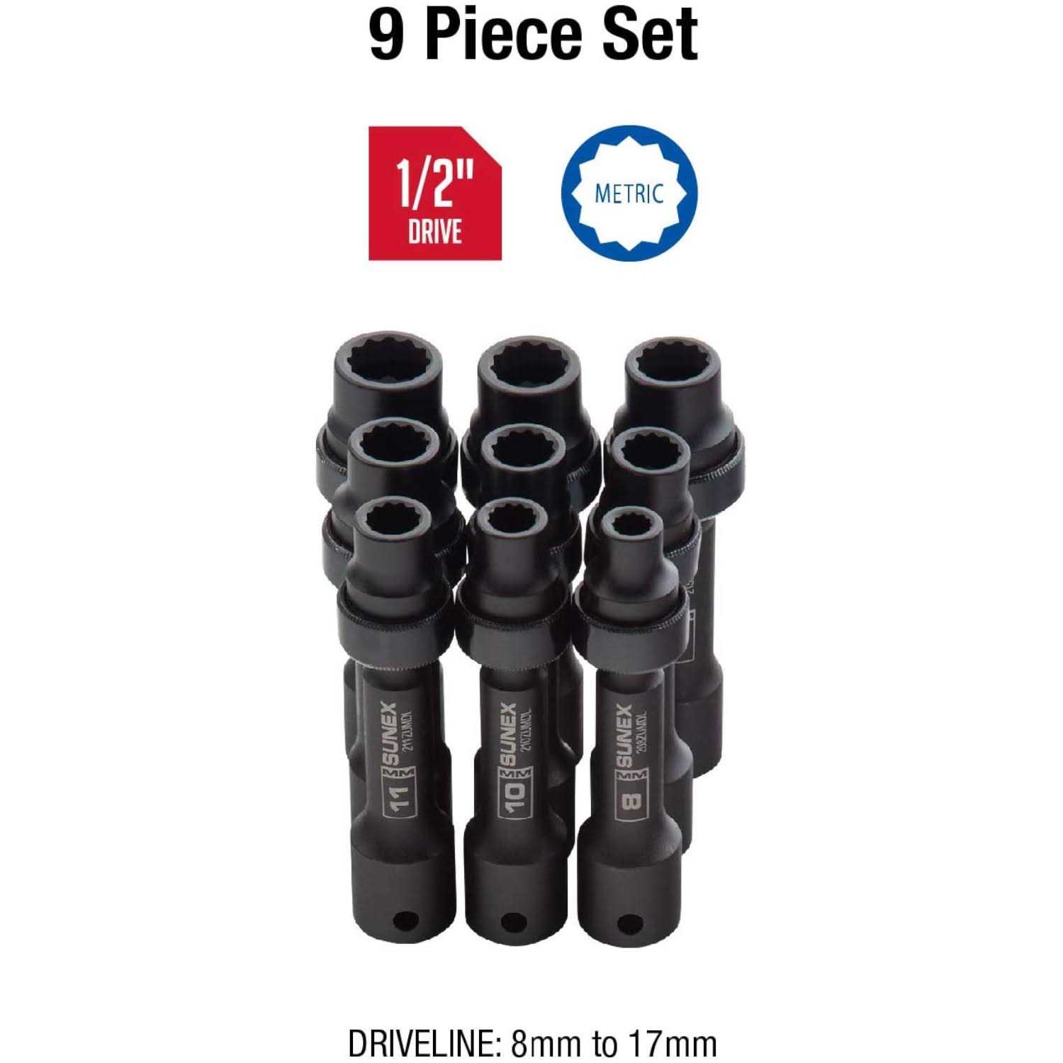 9 Piece 1/2 Drive 12 Point Metric Driveline Socket Set 2695 Sunex - Cheap Fitting