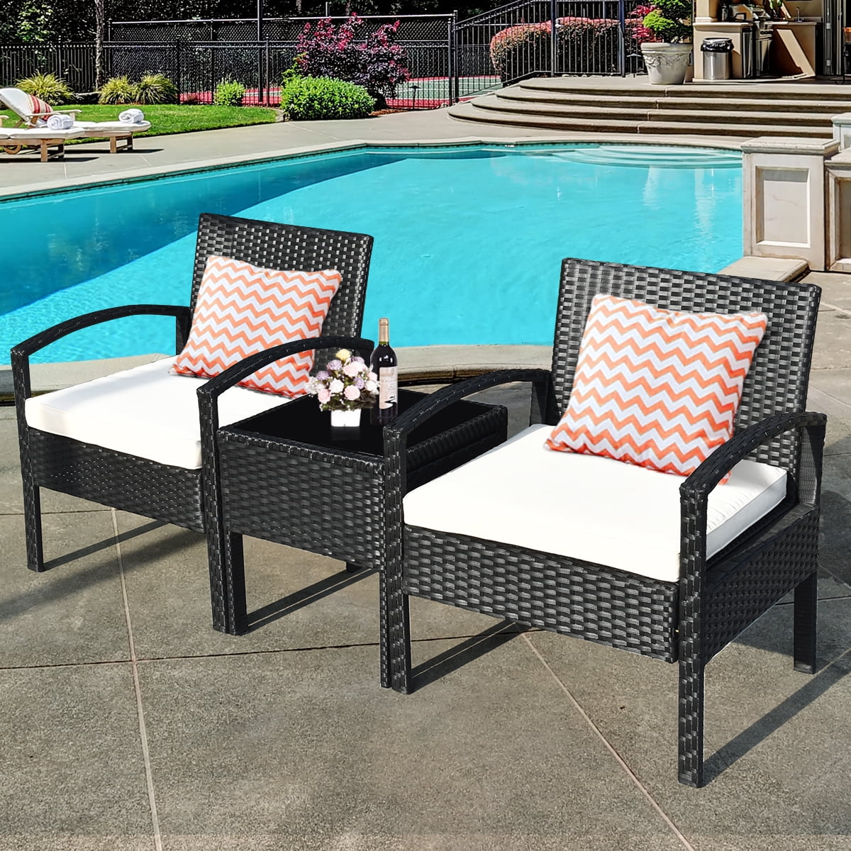 Costway 3PCS Patio Rattan Furniture Set Table & Chairs Set with Thick Cushions Garden - Cheap Fitting