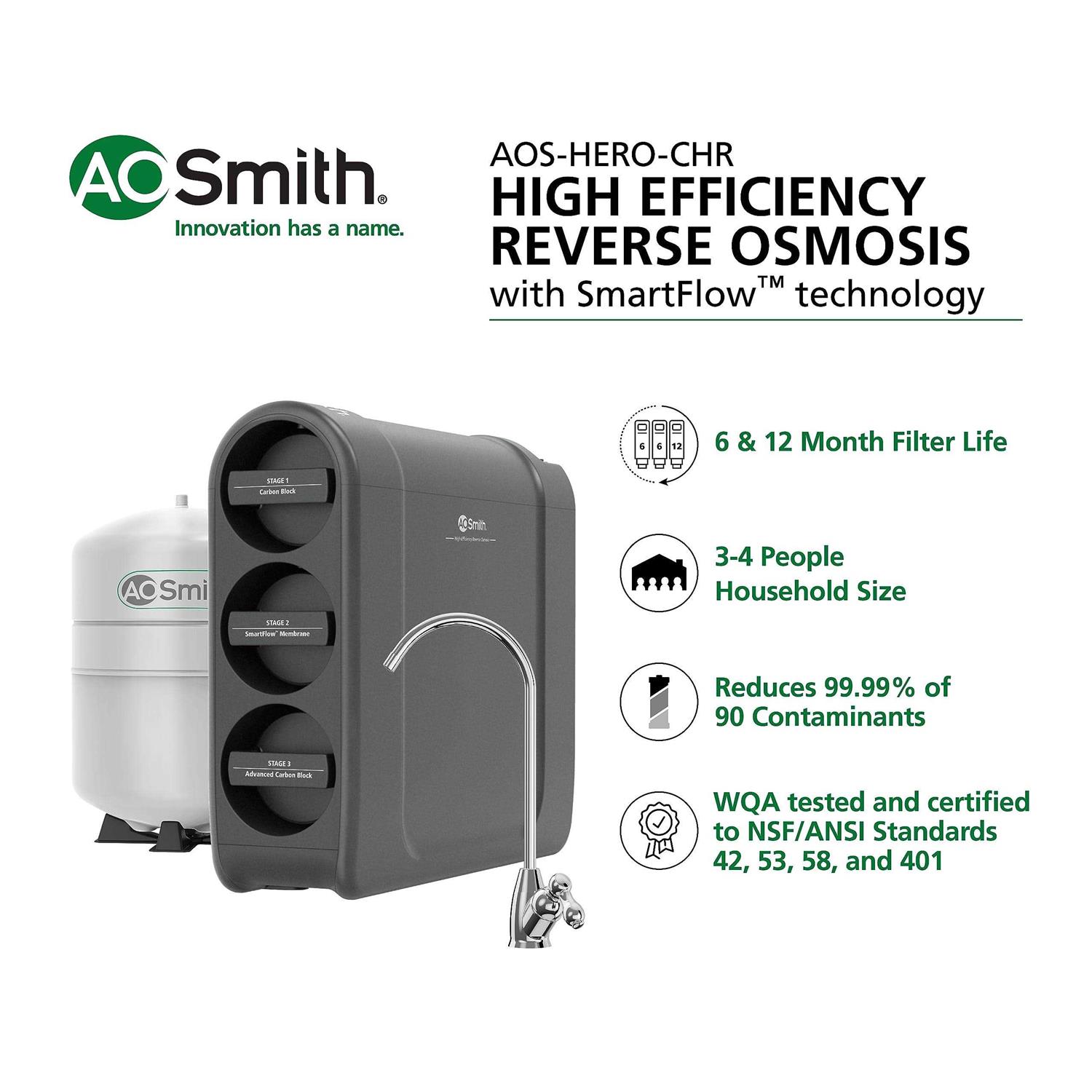 A.O. Smith High Efficiency with SmartFlow Technology Mechanical Filtration Reverse Osmosis Filtration System AOS-HERO-CHR - Cheap Fitting