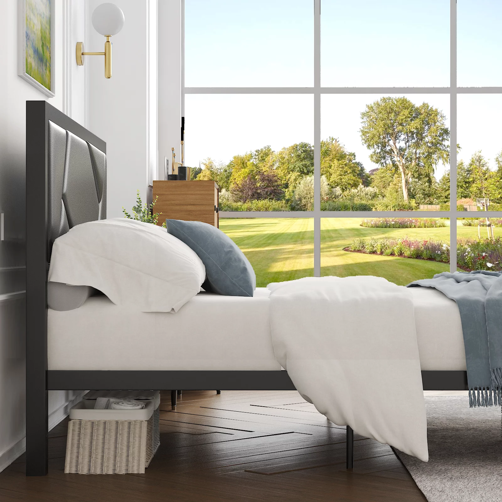 Einfach Twin Size Bed Frame Geometric Litchi Grain Leather Upholstered Headboard, Black - Cheap Fitting