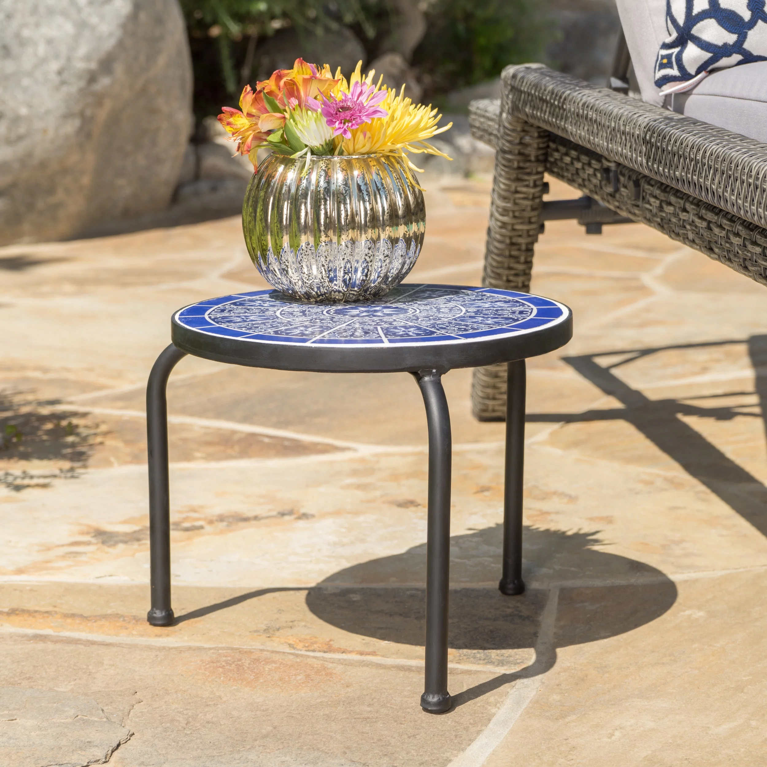 Noble House Outdoor Ceramic Tile Side Table with Iron Frame, Size: 10