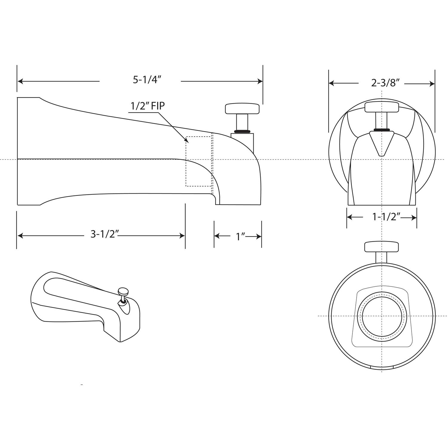Westbrass E531D-1F-62 5-1/4 Reach Wall Mount Tub Spout with Front Diverter - Cheap Fitting