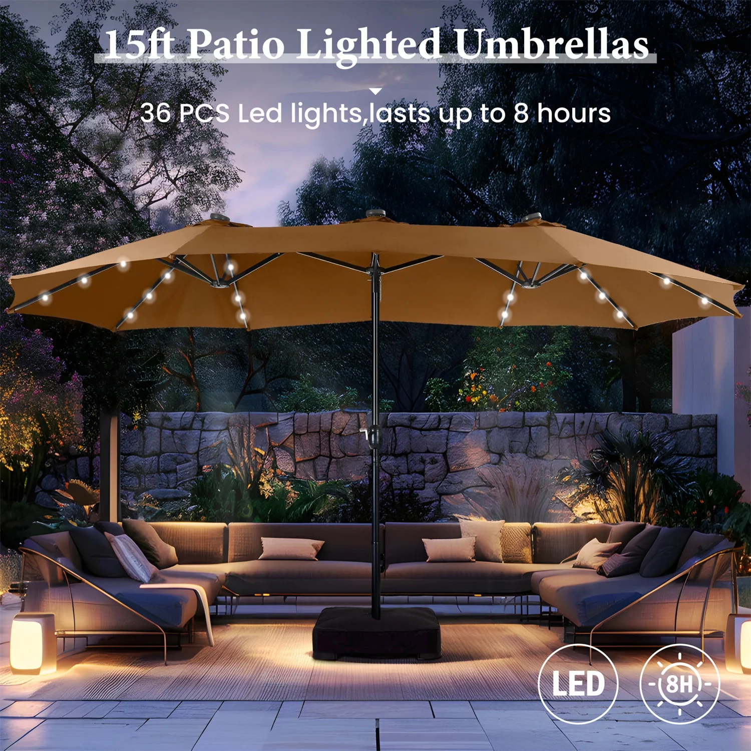 Summit Living 15 FT Double-Sided Solar Patio Umbrella with Base Large Outdoor Umbrella with LED Solar Lights - Haze Blue - Cheap Fitting