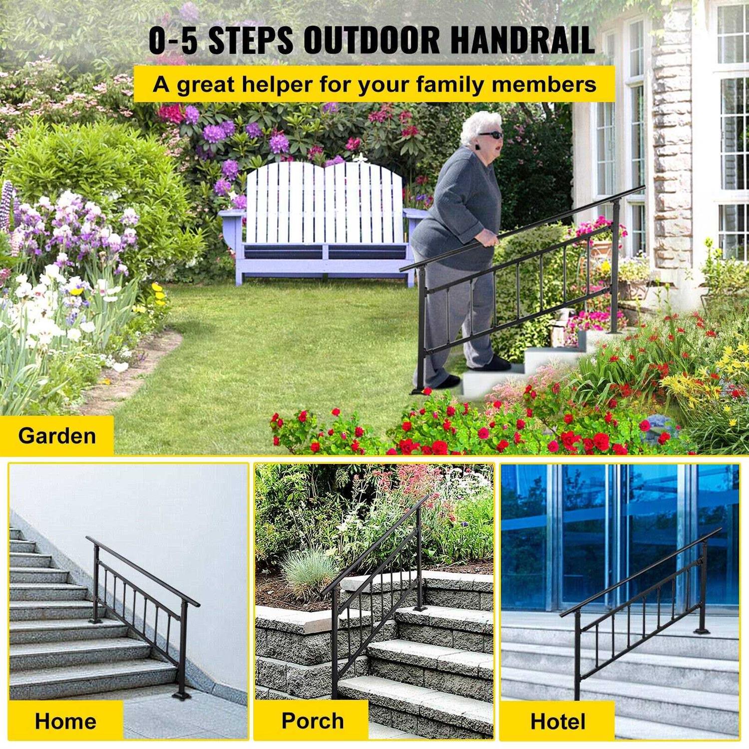 VEVOR Outdoor Stair Railing Fits for 3 to 4 Steps Adjustable Exterior Stair Railing Wrought Iron Handrail TZFGZXSLZFSD4JWFNV0 - Cheap Fitting