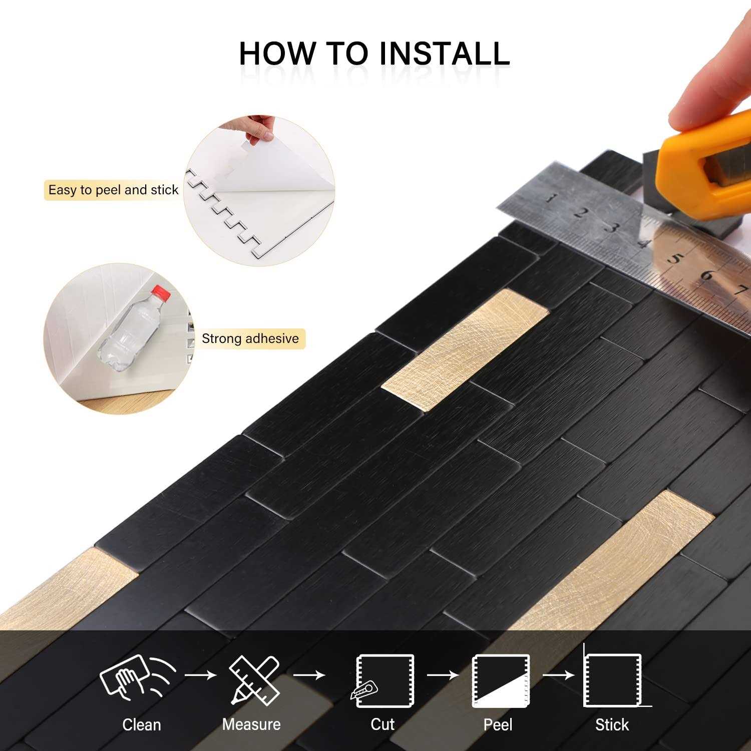 Peel and Stick Tile Backsplash Wood Metal for Kitchen,Self Adhesive Balck and Gold Mosaic Tiles - Cheap Fitting