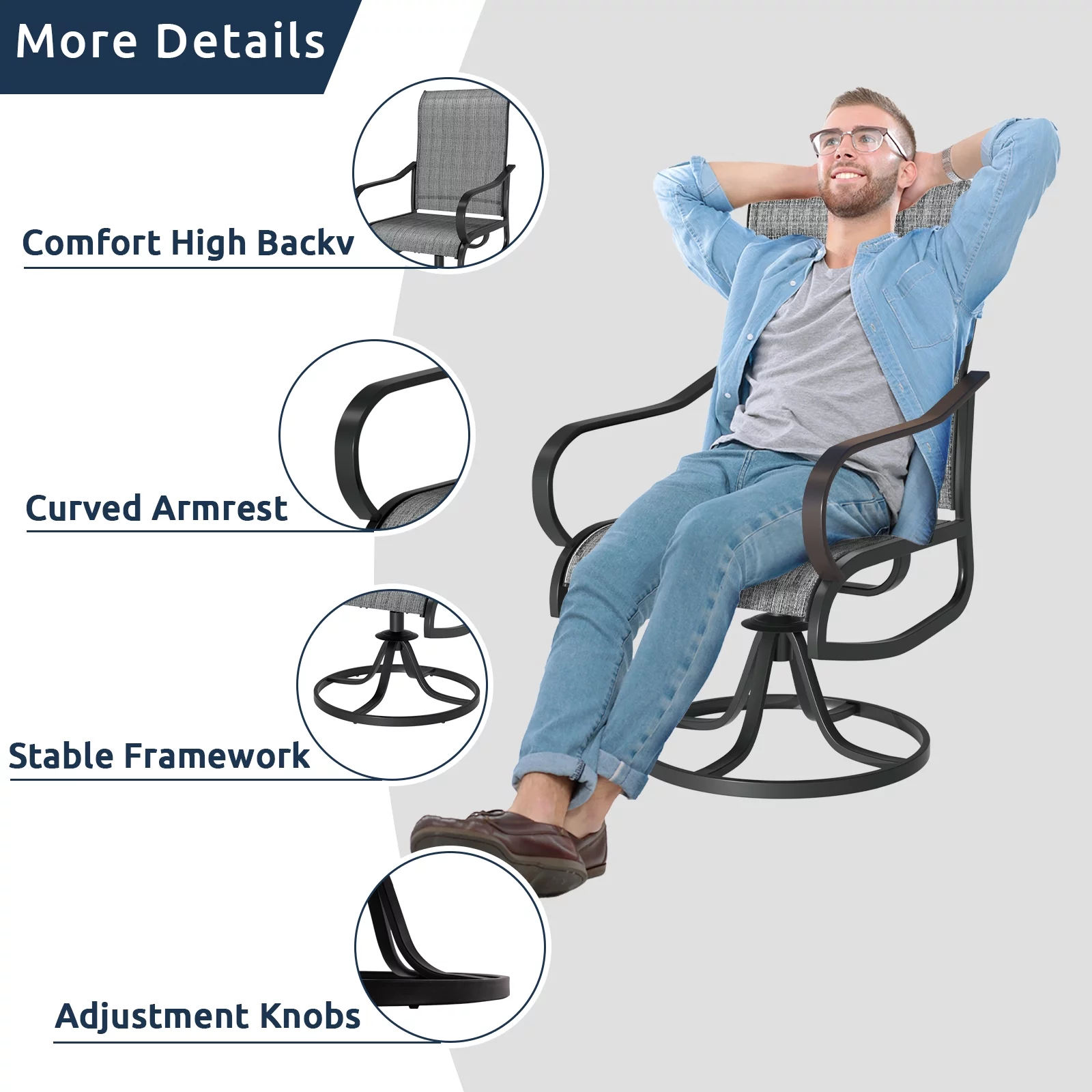 Techmilly Patio Swivel Chairs Set of 2, Outdoor Dining Chairs High Back, Padded All Weather Breathable Textilene Outside Furniture Chair , Grey White - Cheap Fitting