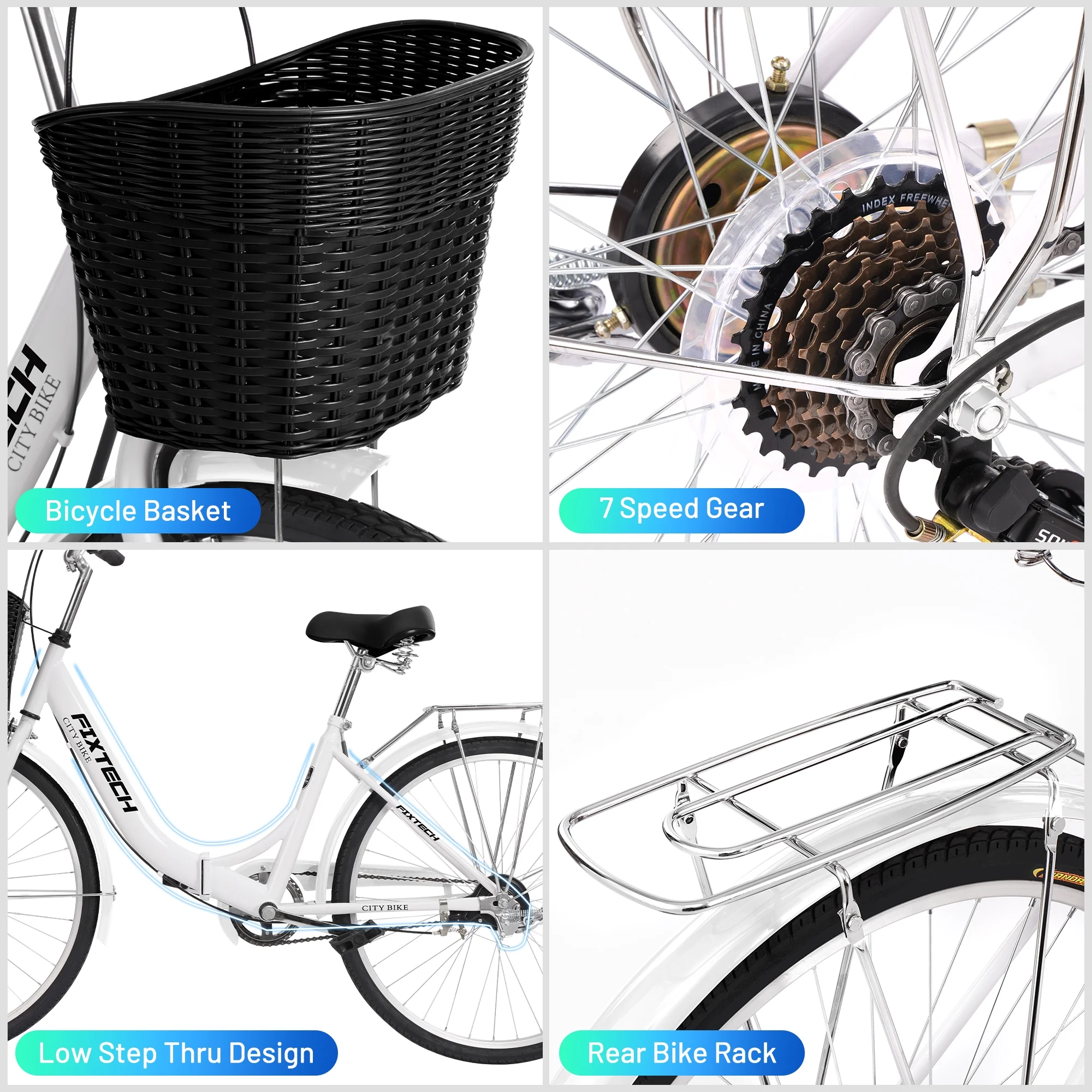 FIXTECH 26 Inch 7 Speed Foldable City Bike, Cruiser Bike, Carbon Steel Bicycle for Adults, White - Cheap Fitting