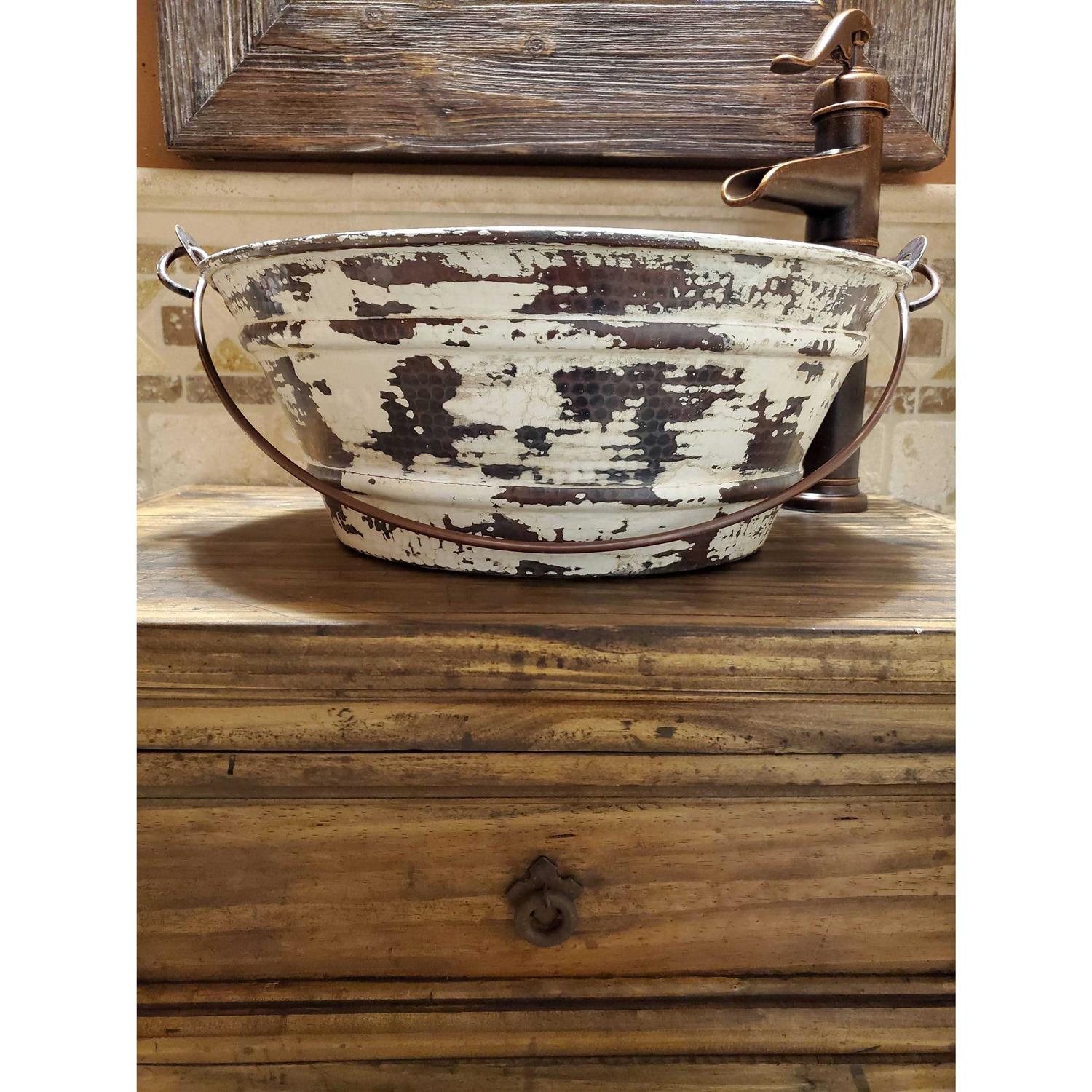 SimplyCopper 15 Round Copper BUCKET Vessel Bathroom Sink in Antique White Exterior WF-B-15-W - Cheap Fitting
