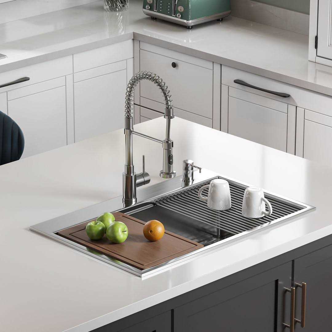HOROW Drop-in Stainless Steel 33 in. Workstation Ledge Topmount Kitchen Sink 18-Gauge 2-Hole Single Bowl with Integrated Ledge HR-S3322UW - Cheap Fitting