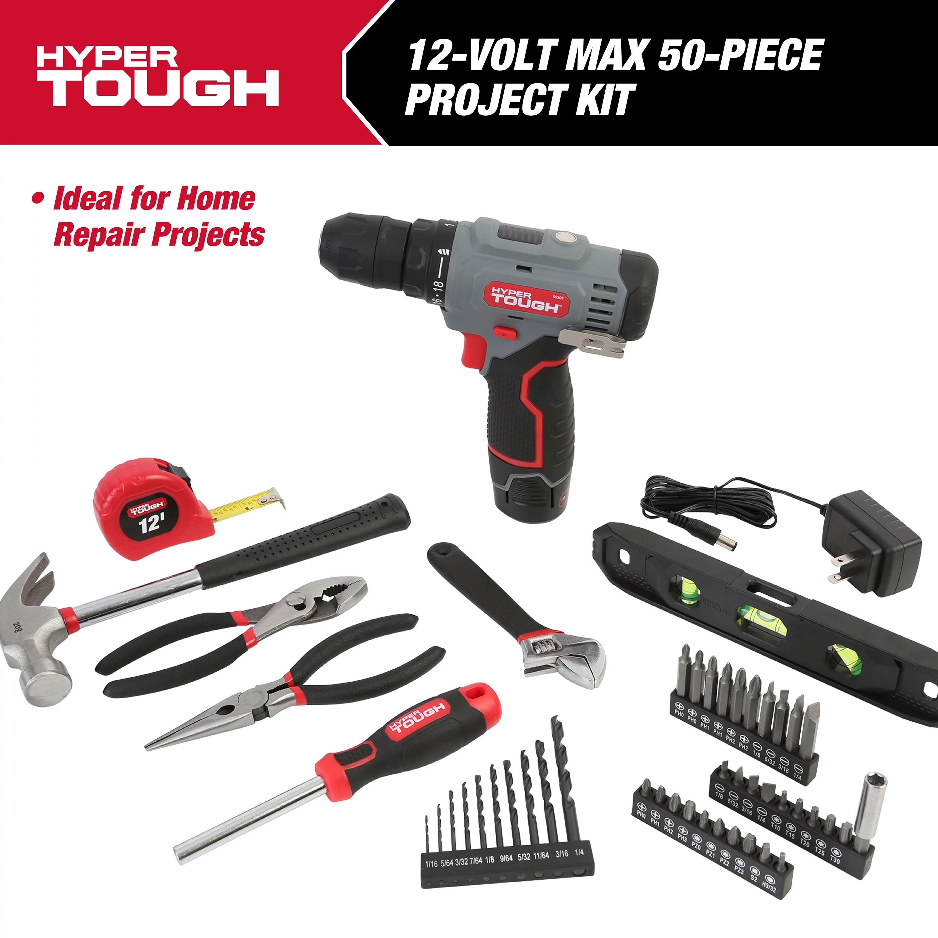 Hyper Tough 12V Max* Lithium-Ion Cordless 3/8-Inch Drill Driver 50-Piece Project Kit and 1.5Ah Battery, Gifts For Mom and Dad, Model 99312 - Cheap Fitting