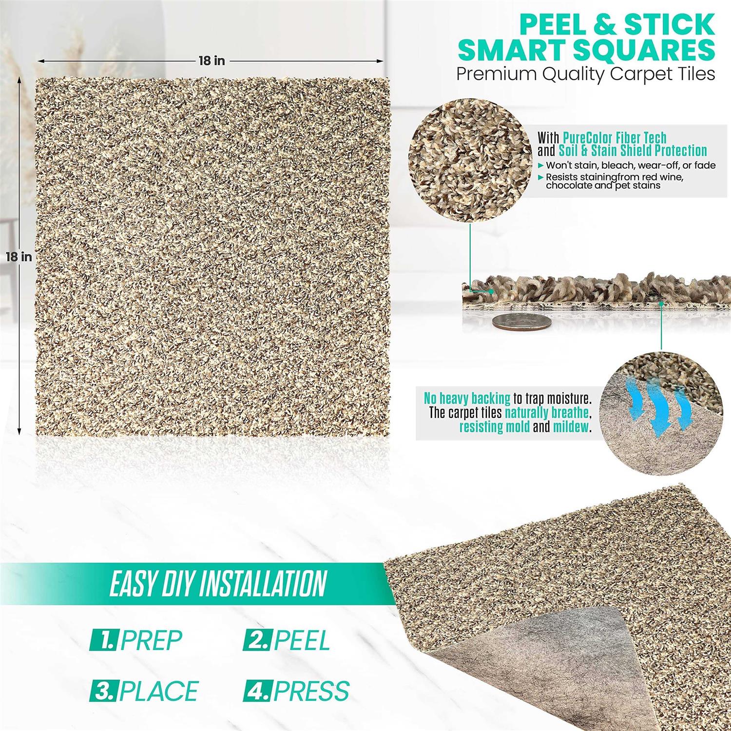 Peel and Stick Carpet Tiles Attached Cushion Easy DIY Install - Cheap Fitting