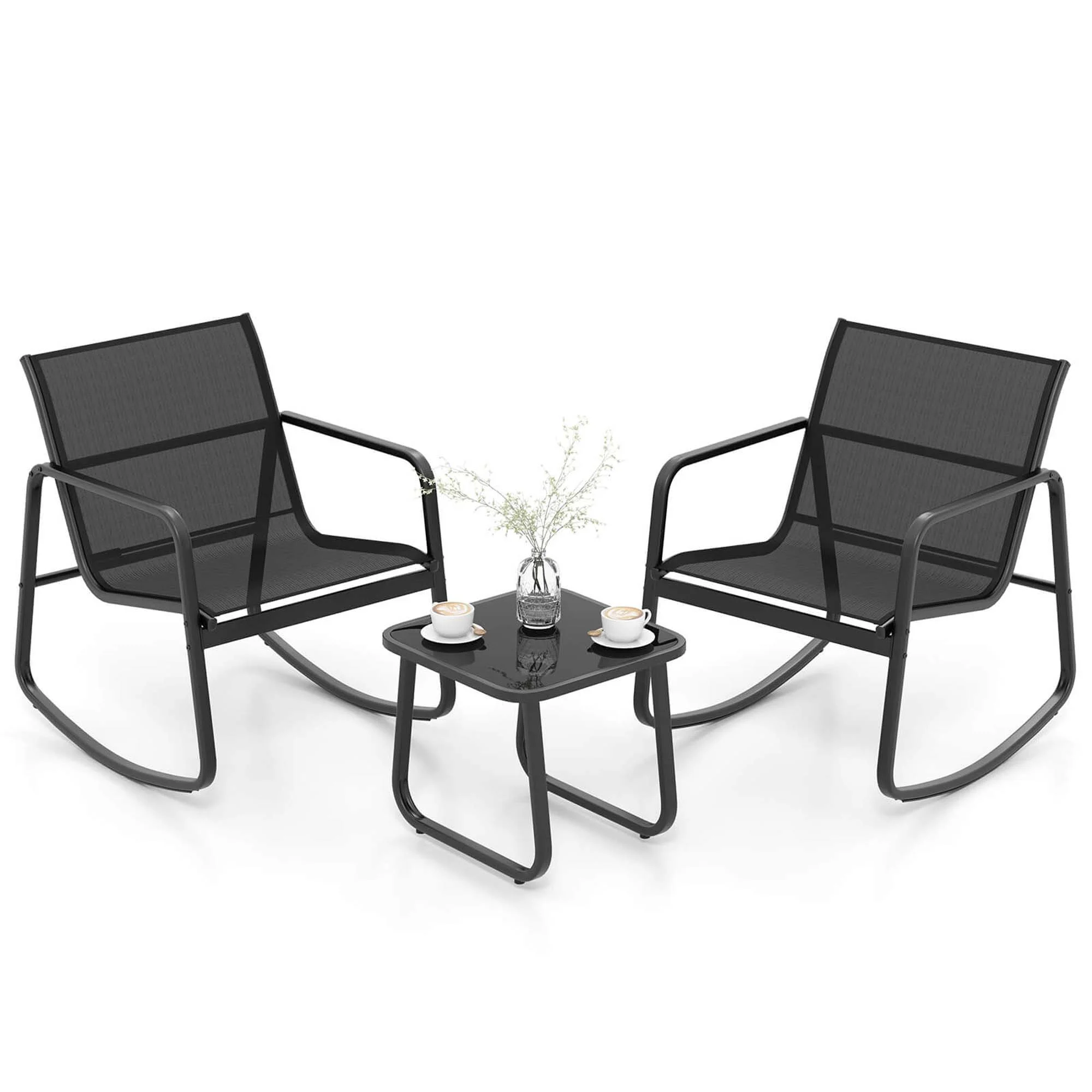 Costway 3 Piece Patio Rocking Set 2 Rocking Bistro Chairs & Glass-Top Table for Porch - Cheap Fitting