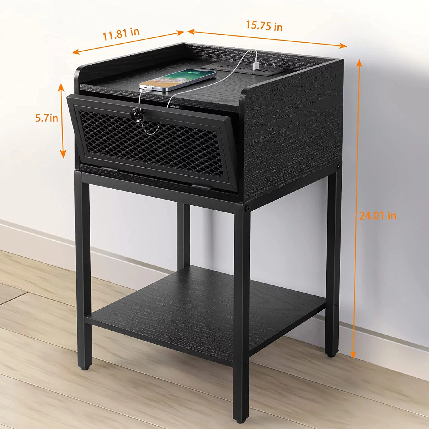 Nightstand with Charging Station End Table with Drawers, Black - Cheap Fitting