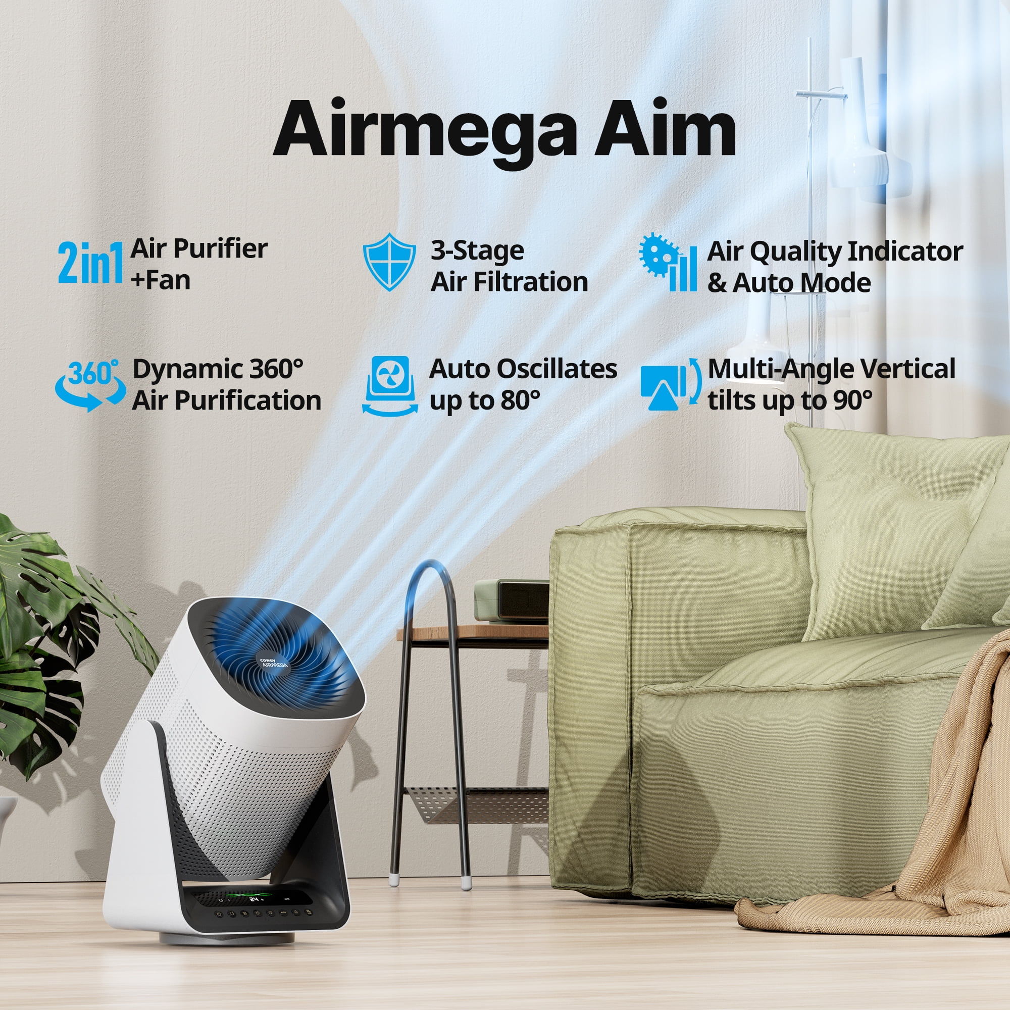 Coway Air Purifier Airmega Aim True HEPA Air Purifier + Fan (2in1), Covers Upto 246 sq ft, Auto Mode, Oscillation, Air Quality & Filter Indicator, Button Lock - Cheap Fitting