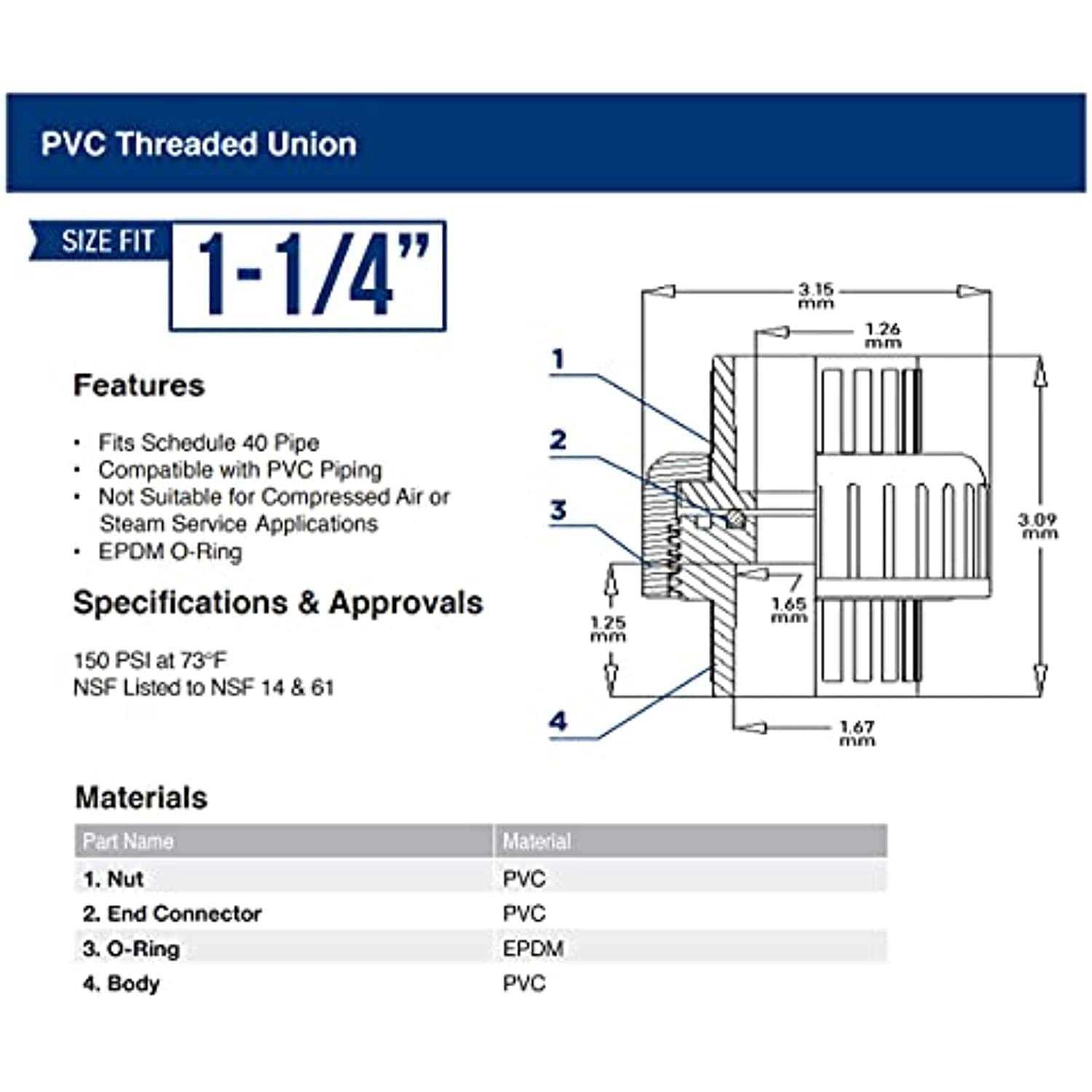 Midline Valve PVC Union Coupling Pipe Fitting 1-1/4” Solvent Connections - Cheap Fitting