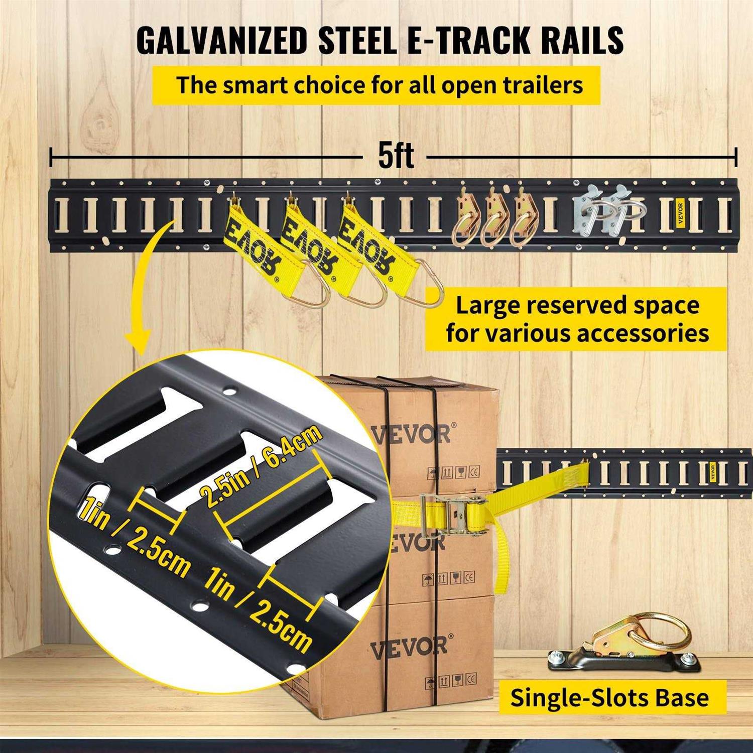 VEVOR E Track Tie-Down Rail Kit 18pcs 5ft E-Tracks Set Includes 4 Steel Rails & 2 Single Slot & 6 O Rings & 4 Tie-Offs w/D-Ring & 2 Ratchet Straps - Cheap Fitting