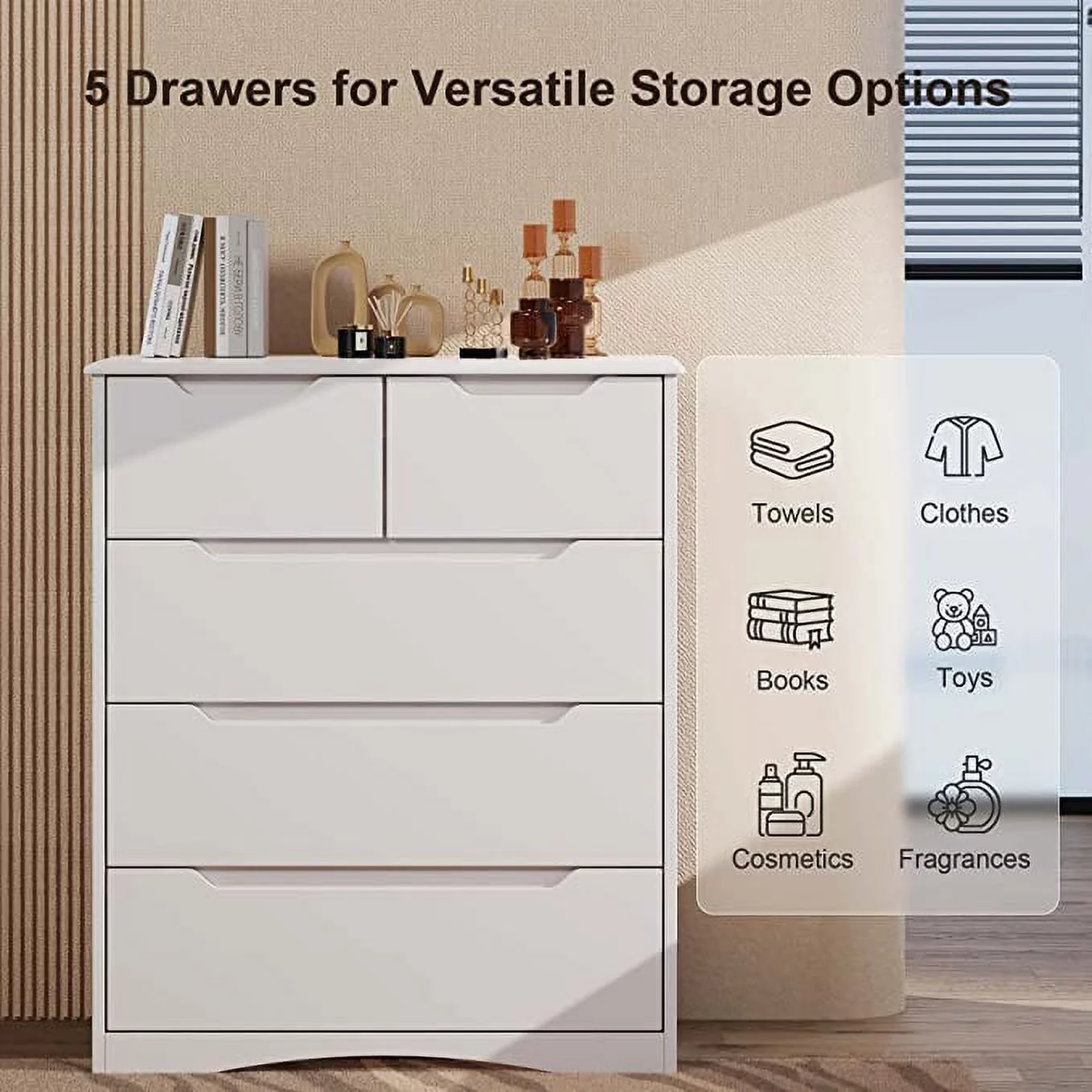 Dressers for Bedroom, Lofka 5 Drawers Dresser with Cutout Handles, Wood Storage Cabinet for Living Room, White - Cheap Fitting