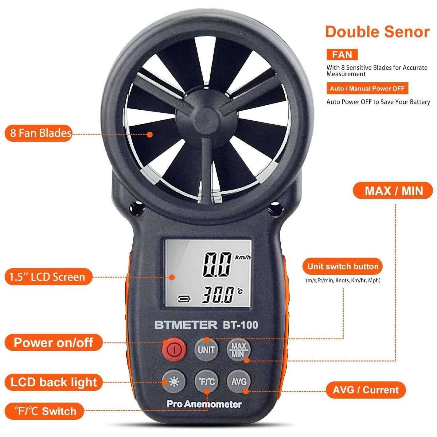 BTMETER BT-100 Handheld Anemometer Digital Wind Speed air Flow Velocity - Cheap Fitting
