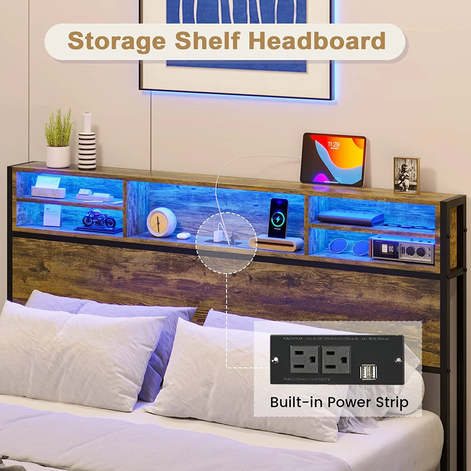 Afuhokles LED Full Bed Frame with Outlets and Headboard, Platform Bed with Storage Drawers, Brown - Cheap Fitting