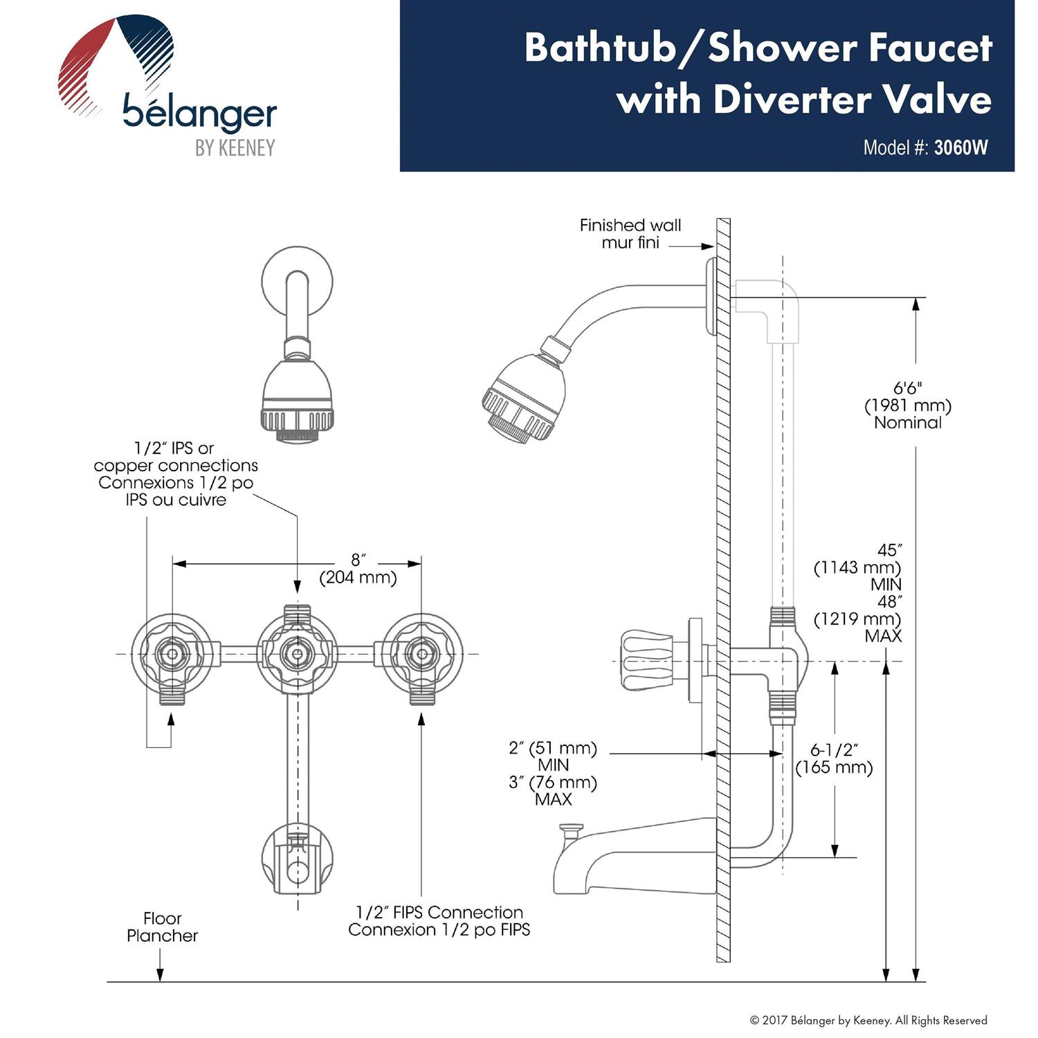 Belanger 3060W Showerhead and Bathtub Faucet with Knob Handles - Cheap Fitting