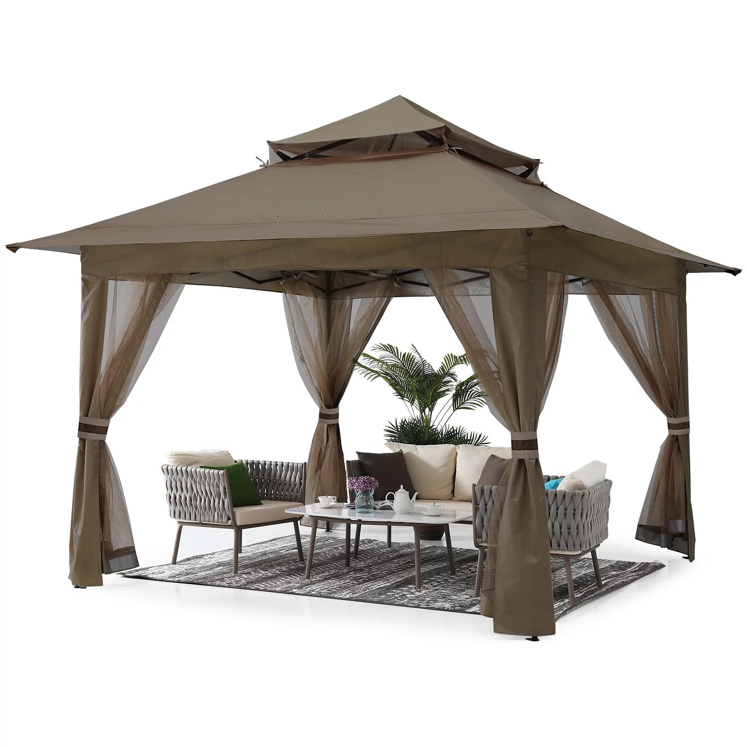 ABCCANOPY 13'x13' Gazebo Tent Outdoor Pop up Gazebo Canopy Shelter with Mosquito Netting, Brown - Cheap Fitting