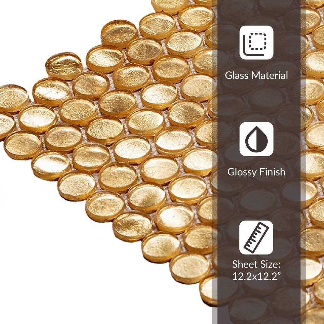 Apollo Tile Gold 12-in x 12-in Glossy Glass Penny Round Stone Look Floor and Wall Tile - Cheap Fitting