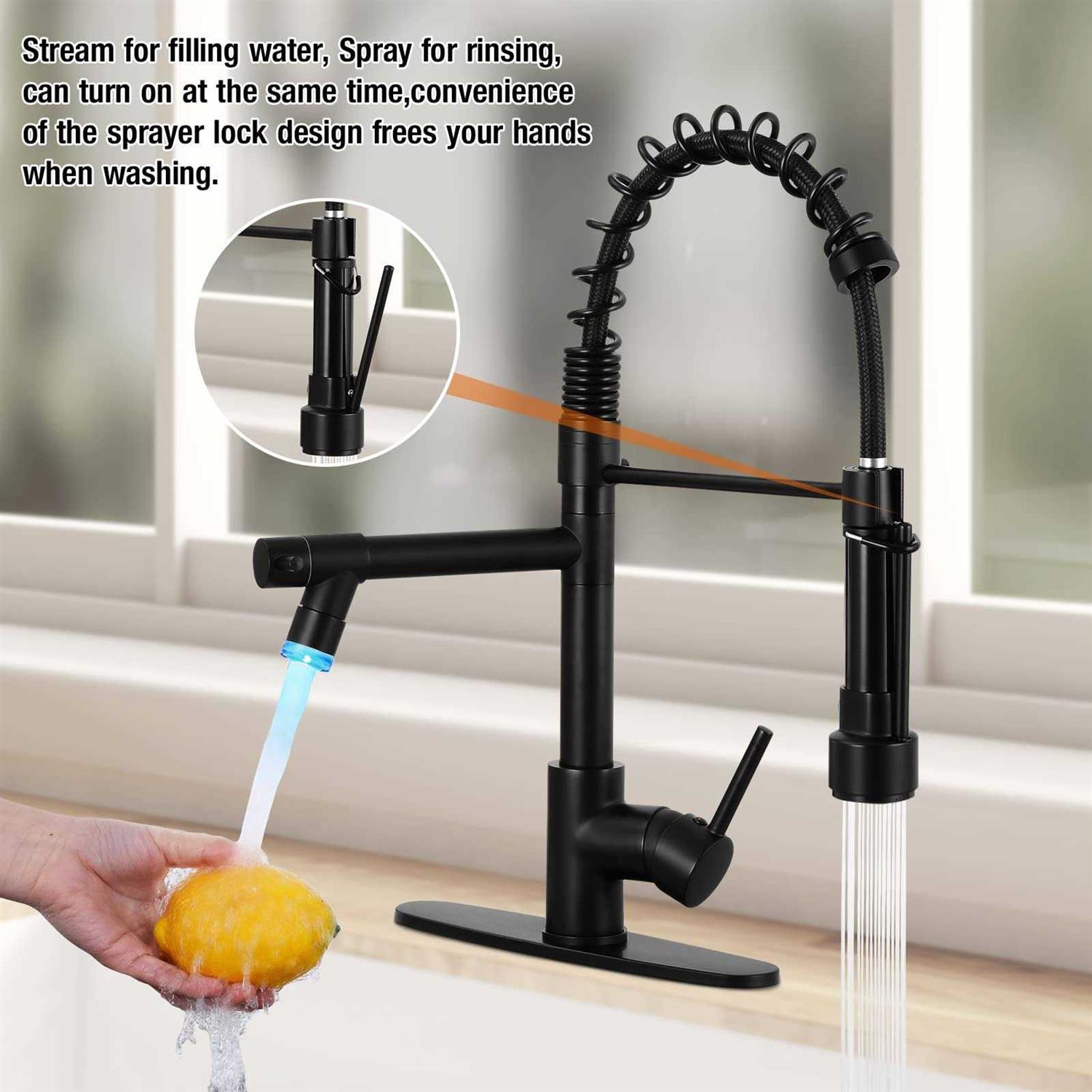 KZH Kitchen Sink Faucet with Pull Down Sprayer,Single Handle Two Spout Kitchen Faucets with LED Light,Matte Black,Stainless Stee - Cheap Fitting