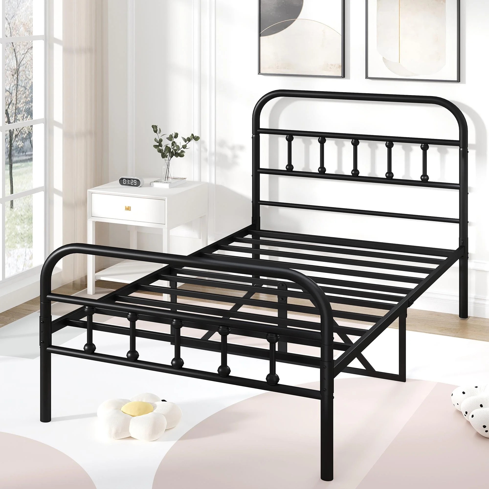 uhomepro Full Platform Bed Frame with Headboard, Metal Full Size Bed Frame for Adults Teens Kids, Rustic Vintage Full Bed Frame Bedroom Furniture, No Box Spring Needed, Black - Cheap Fitting
