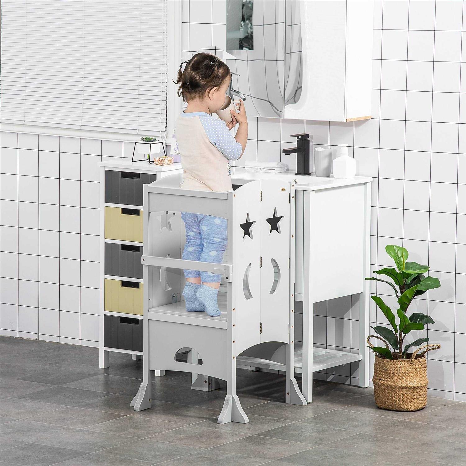 Qaba Kids Kitchen Step Stool Foldable Child Standing Tower with Chalkboard. Lockable Handrail for Children 3-6 Years Old - Cheap Fitting