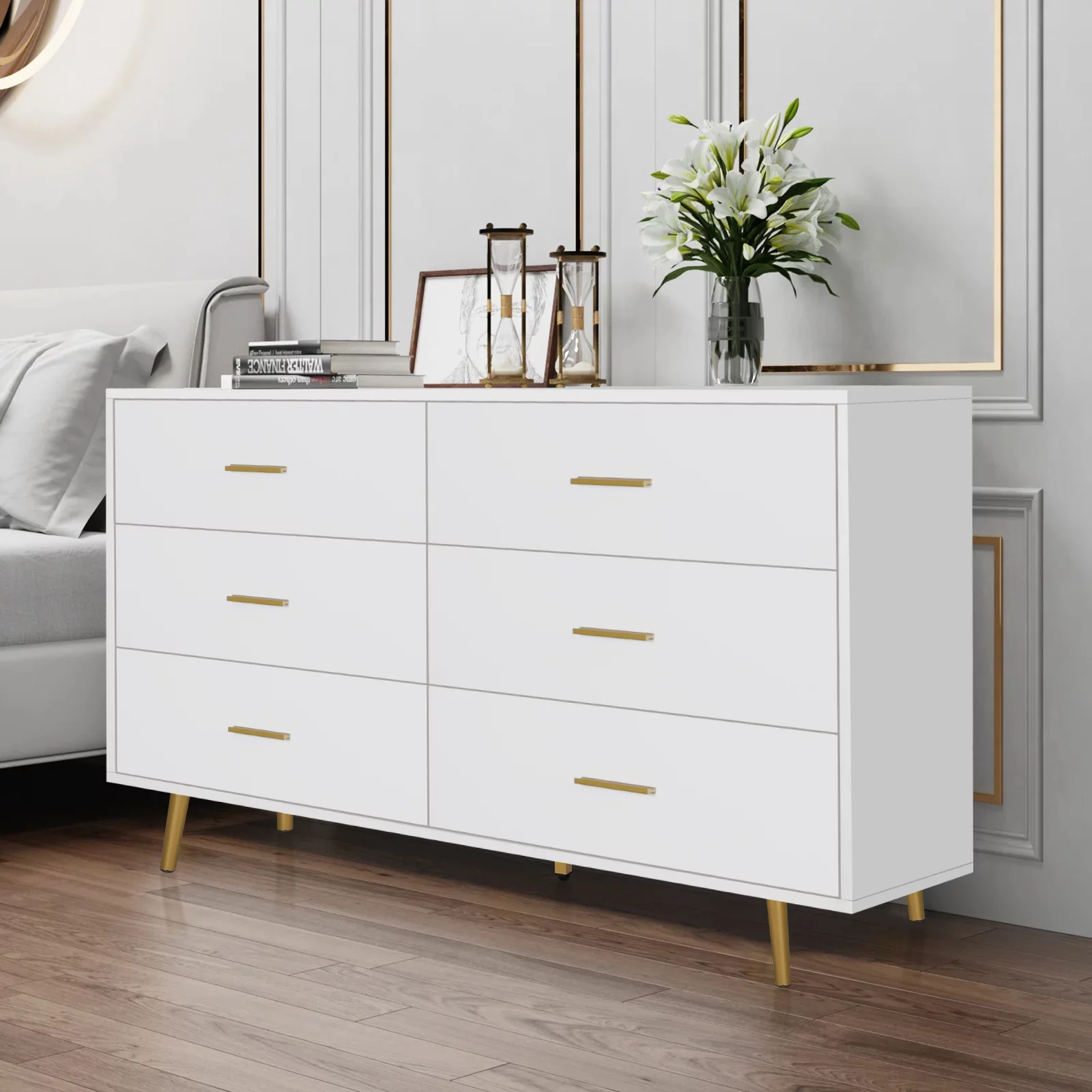 Polar Aurora Wood Dresser for Bedroom with 6 Drawers, Mid Century Modern Chests of Drawer with Metal Handles - Cheap Fitting