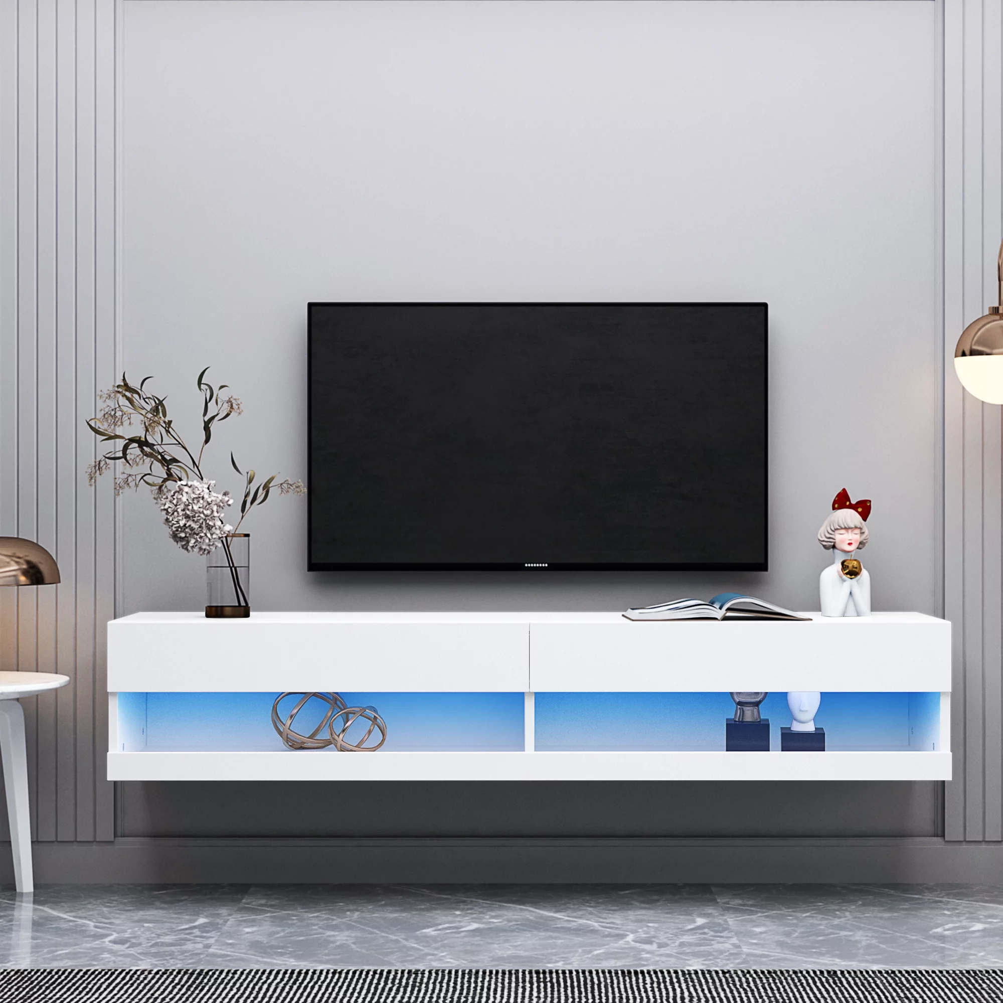 JOYSOURCE Floating TV Stand with LED, Wall Mounted Entertainment Center up to 80 inch TV, Modern High Gloss TV Media Console Cabinet, White - Cheap Fitting
