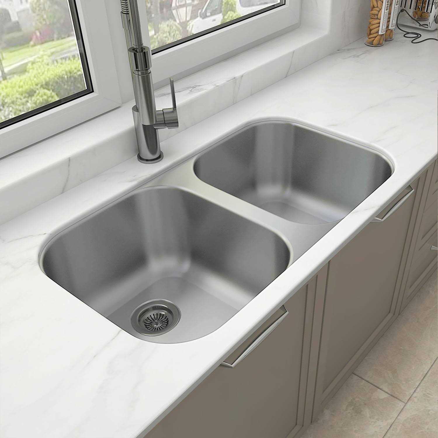 Sinber 32 x 18 x 9 Undermount Double Bowl Kitchen Sink with 18 Gauge 304 Stainless Steel - Cheap Fitting