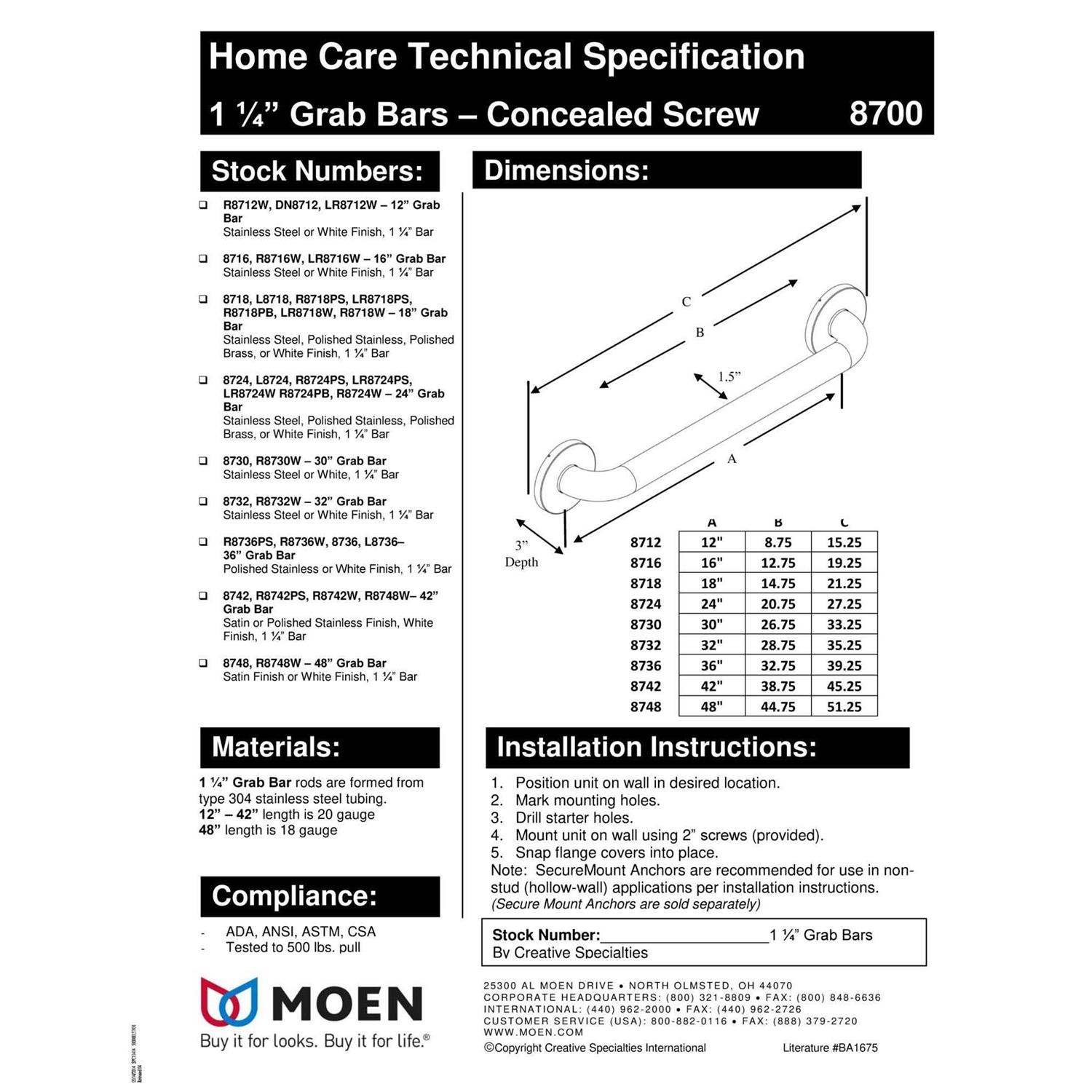 Moen Stainless 18 Concealed Screw Grab Bar 8718 - Cheap Fitting
