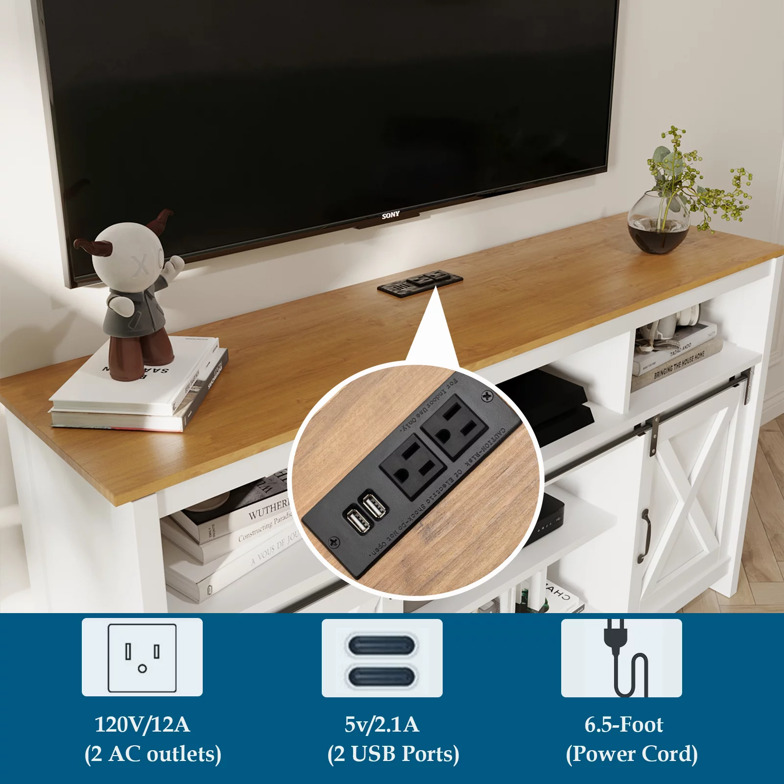 ANPOO Farmhouse TV Stand for 65 inch TVs, Rustic Entertainment Center TV Cabinet Stands with Power Outlets and LED lights(White) - Cheap Fitting