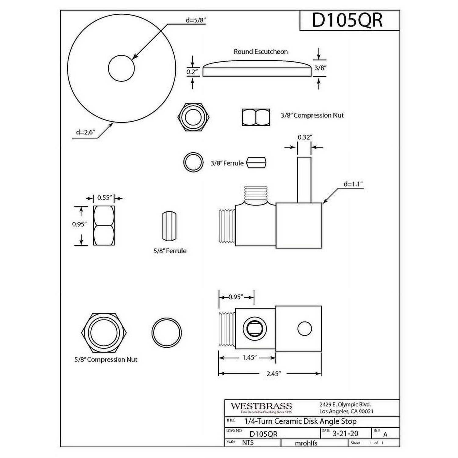 Westbrass D105QR-62 Round Lever 1/4-Turn Angle Stop 1/2 inch Copper x 3/8 inch Compression - Cheap Fitting