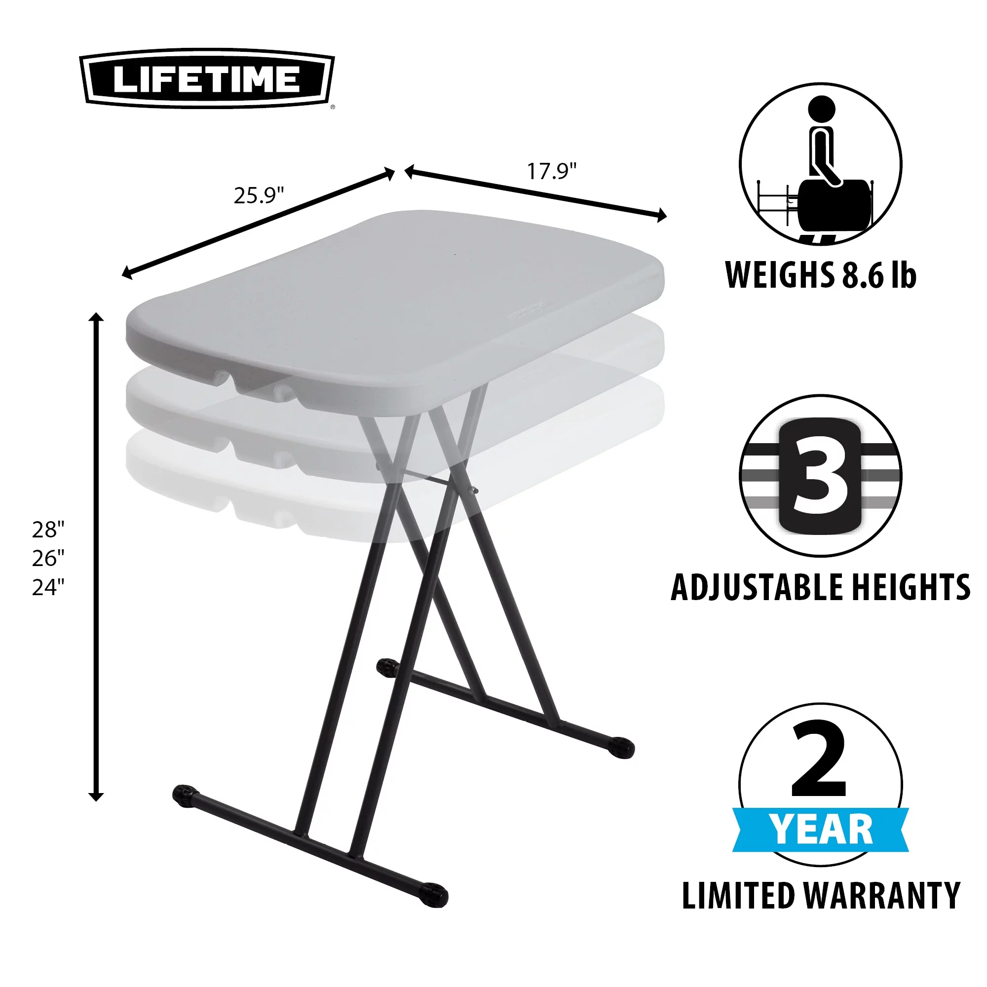 Lifetime 26 inch Rectangle Personal Table, Indoor/Outdoor Light Commercial Grade, White Granite (80251) - Cheap Fitting