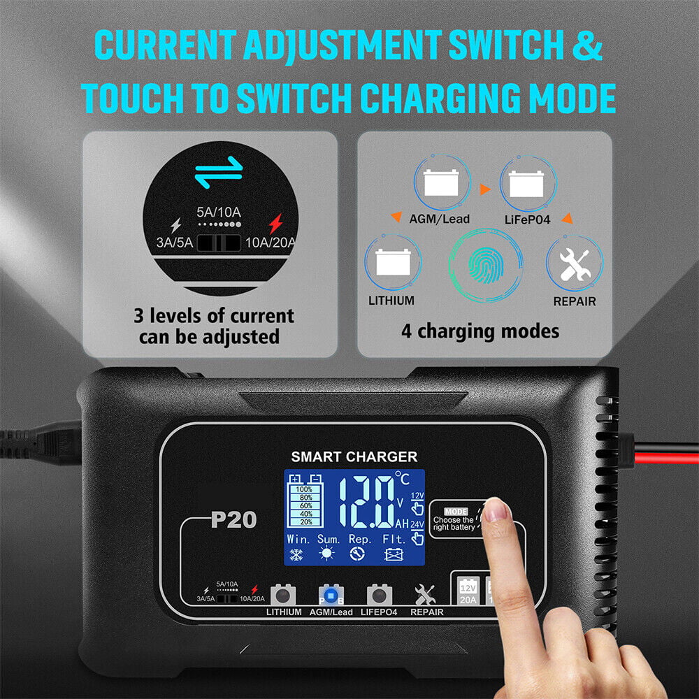 JahyShow Intelligent 12V/24V Battery Charger - Fast Charging with LCD Display, 20A Amp - Cheap Fitting