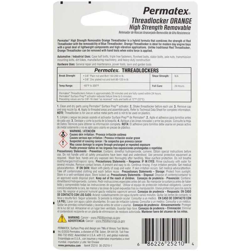 Permatex High Strength Removable Orange Threadlocker 25210 - Cheap Fitting
