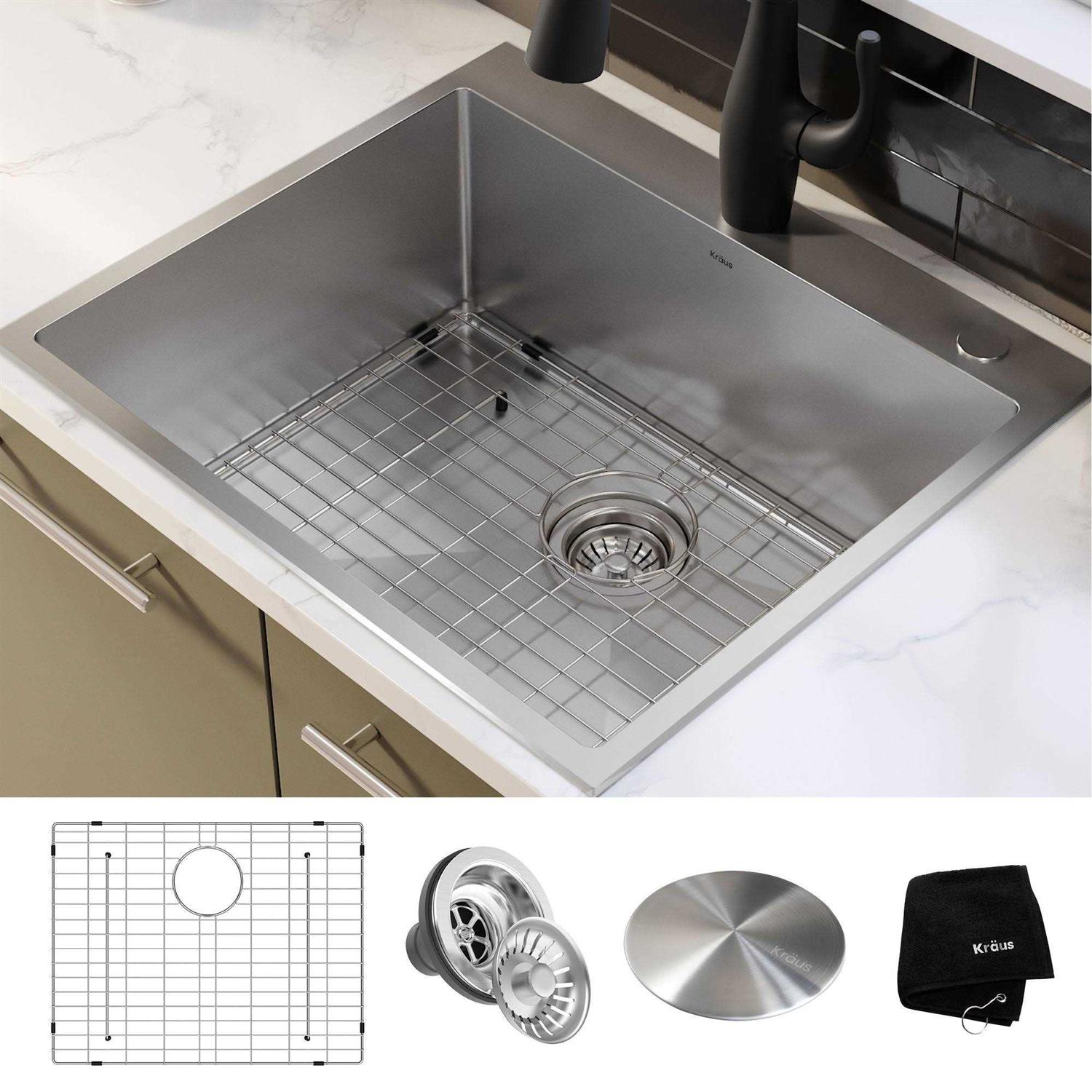 Kraus Standart PRO 22 Drop-In Top Mount 16 Gauge Stainless Steel Single Bowl Deep Laundry Utility Sink KHT301-22L - Cheap Fitting