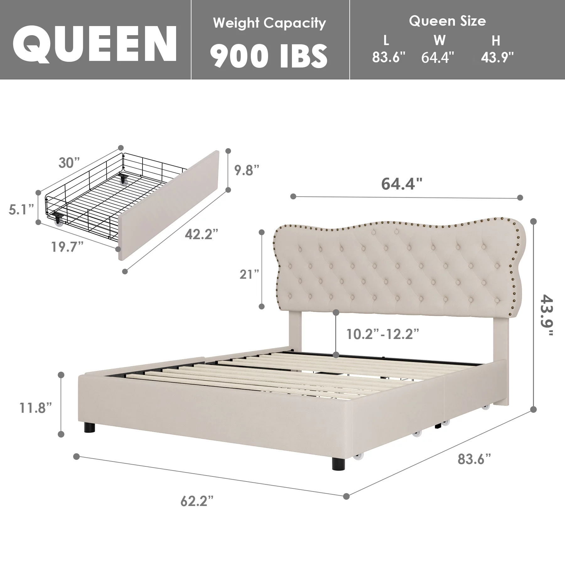 Homfa White Queen Bed Frame with Drawer, PU Leather Upholstered Storage Platform Bed Frame with Button Tufted Headboard, Noise Free - Cheap Fitting