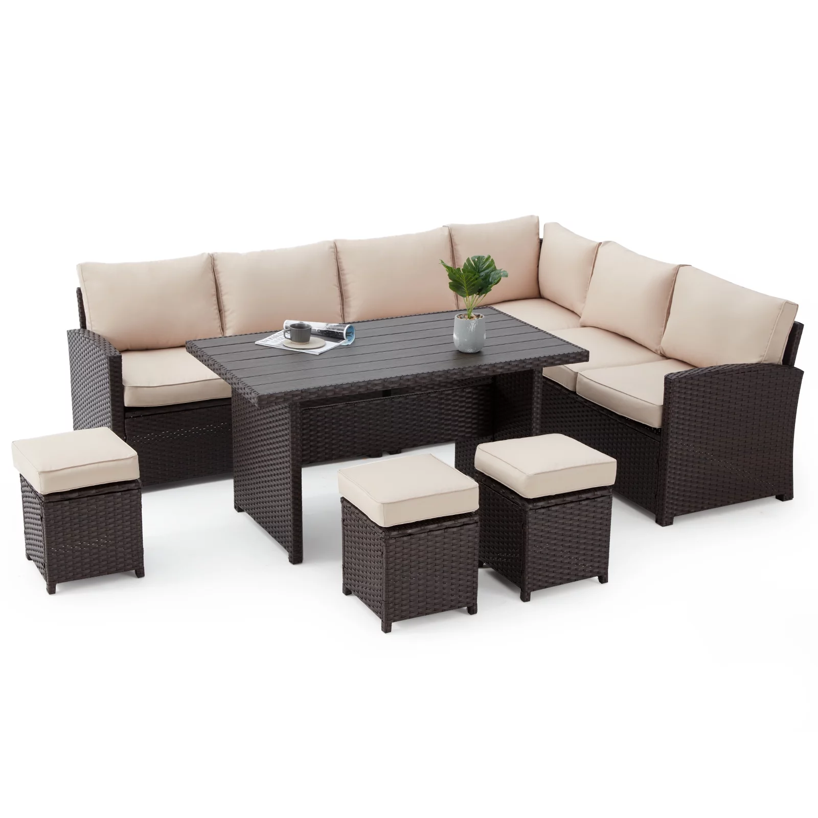 AECOJOY Patio Furniture Set, 7-Piece Rattan Wicker Sectional Sofa Couch, Outdoor Dining Conversation Set in Beige - Cheap Fitting