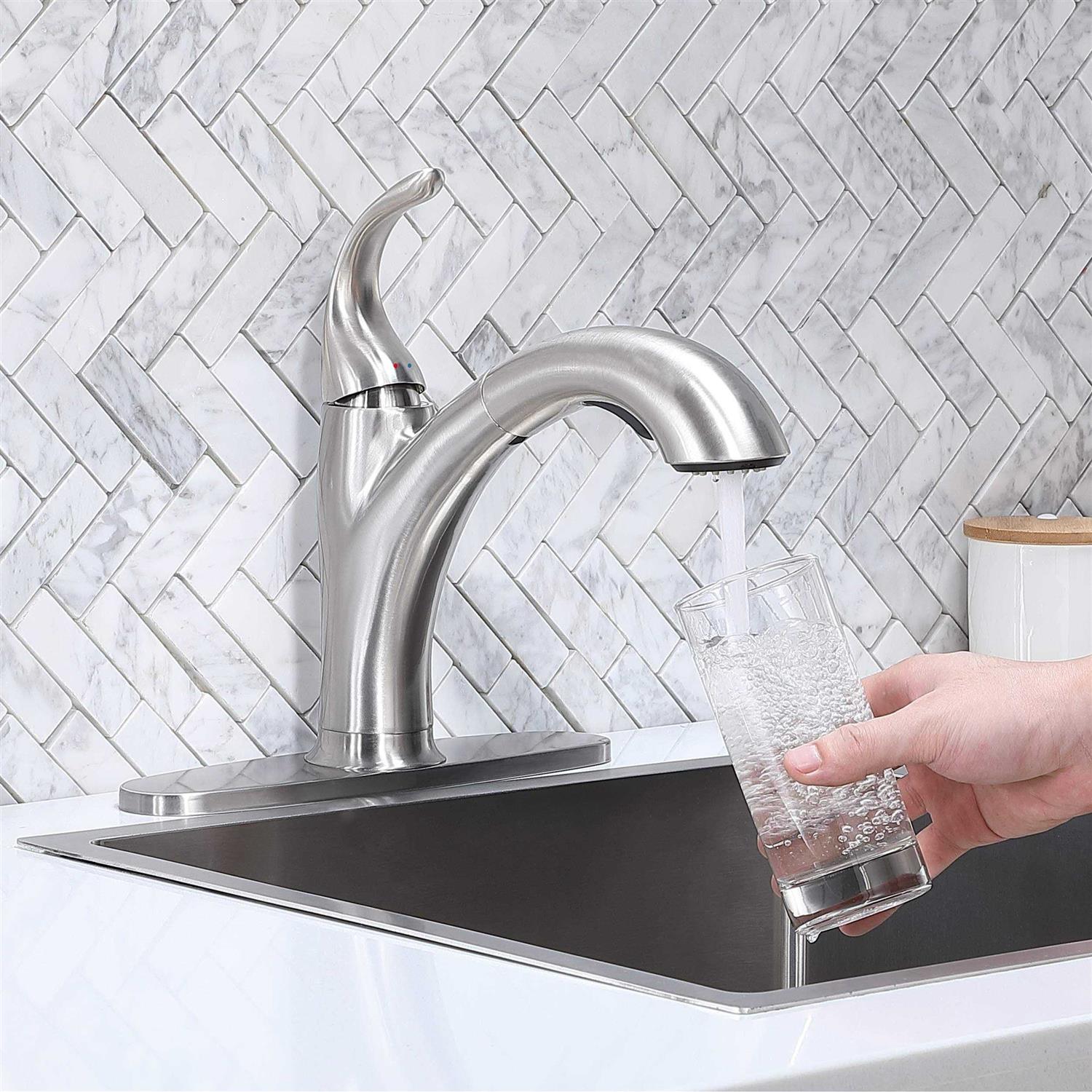 IKEBANA Kitchen Faucet with Pull Out Sprayer Brushed Nickel, Single Handle Kitchen Sink Faucet Stainless Steel Faucet for Kitchen Sink, 1 Or 3 Hole - Cheap Fitting
