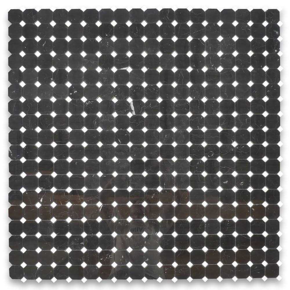 Marble Online 2 Octagon Nero Marquina Black Marble Mosaic Tile Thassos White - Cheap Fitting