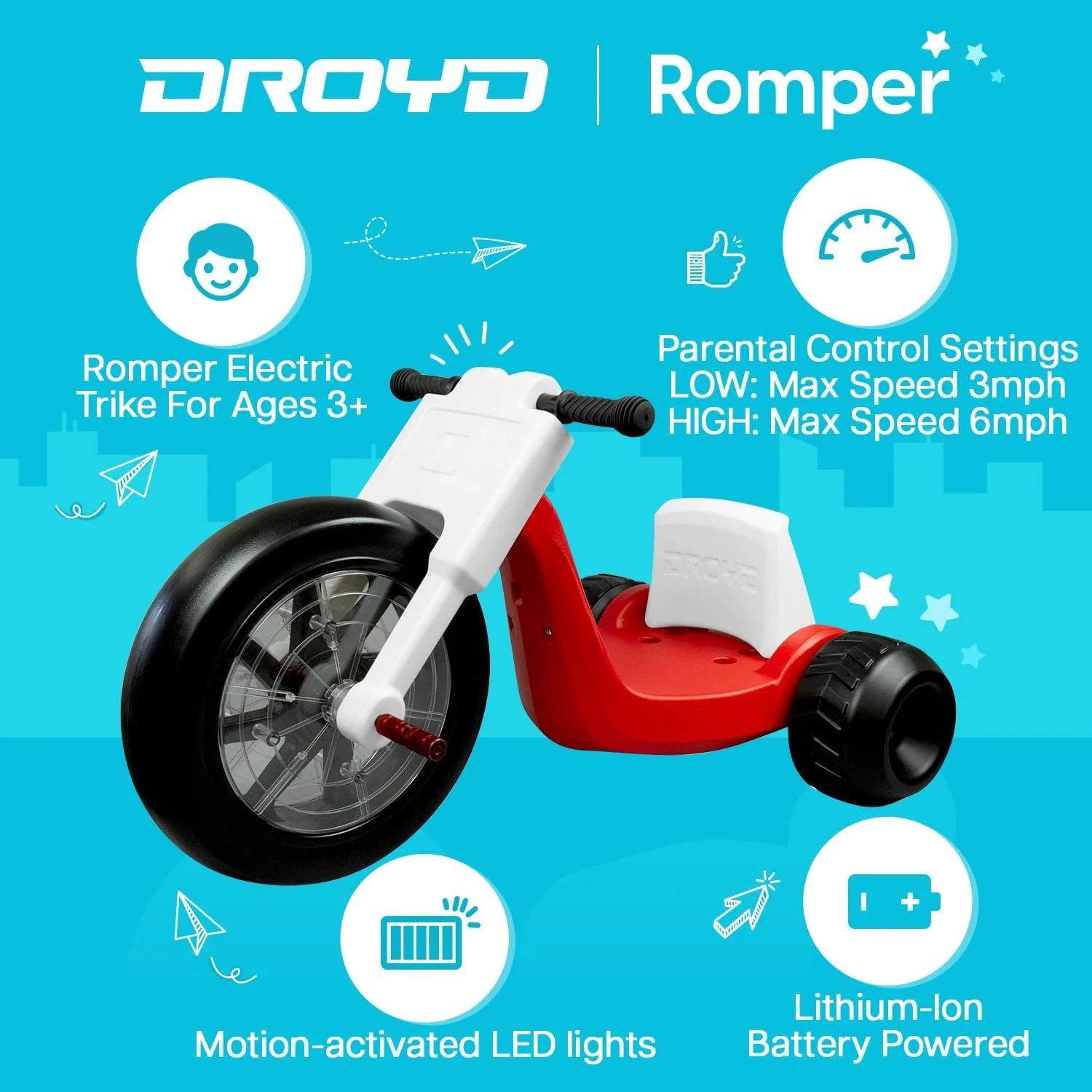 Droyd Romper Electric Tricycle - Kids Motorized Vehicles with Parental Speed Control - Cheap Fitting