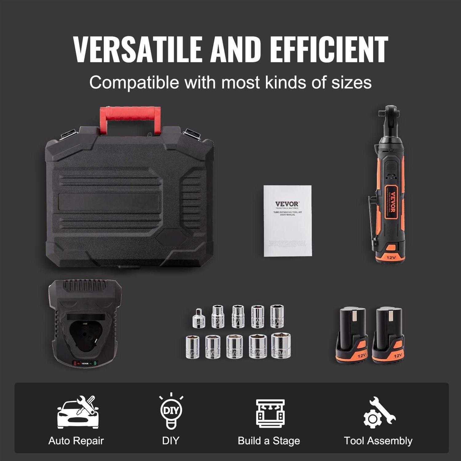 VEVOR 3/8 Cordless Electric Ratchet Wrench Set 33 Ft-lbs 12V Power Ratchet Tool Kit with 45-Min Fast Charge - Cheap Fitting