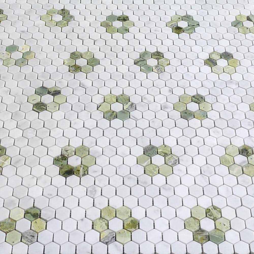 StoneCenterOnline Carrara White Marble Hexagon Rosette Mosaic Tile Green Jade Honed - Cheap Fitting