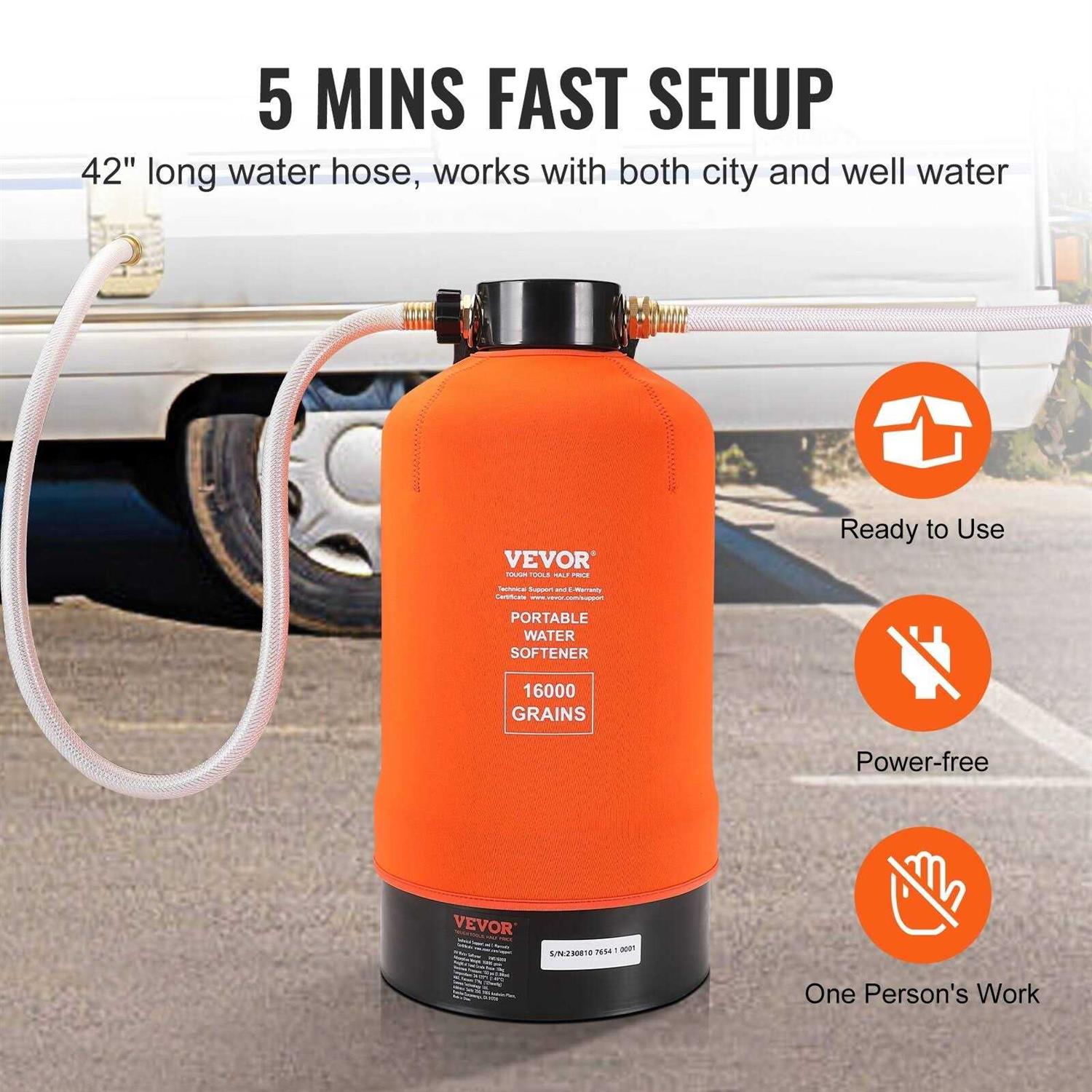 VEVOR RV Water Softener, 16,000 Grain Portable Water Softener, with 3/4 Brass Fittings and 42 Hose - Cheap Fitting